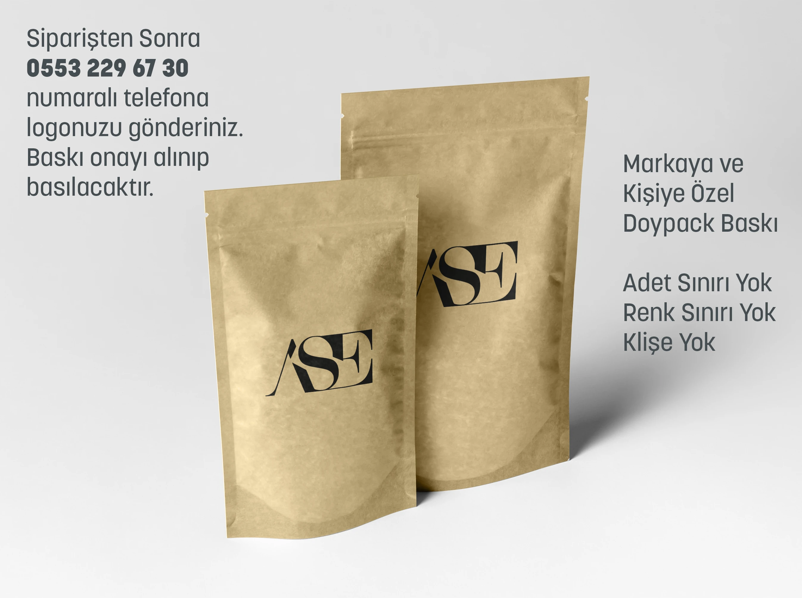 Siyah Logo Baskılı Penceresiz Kraft Doypack