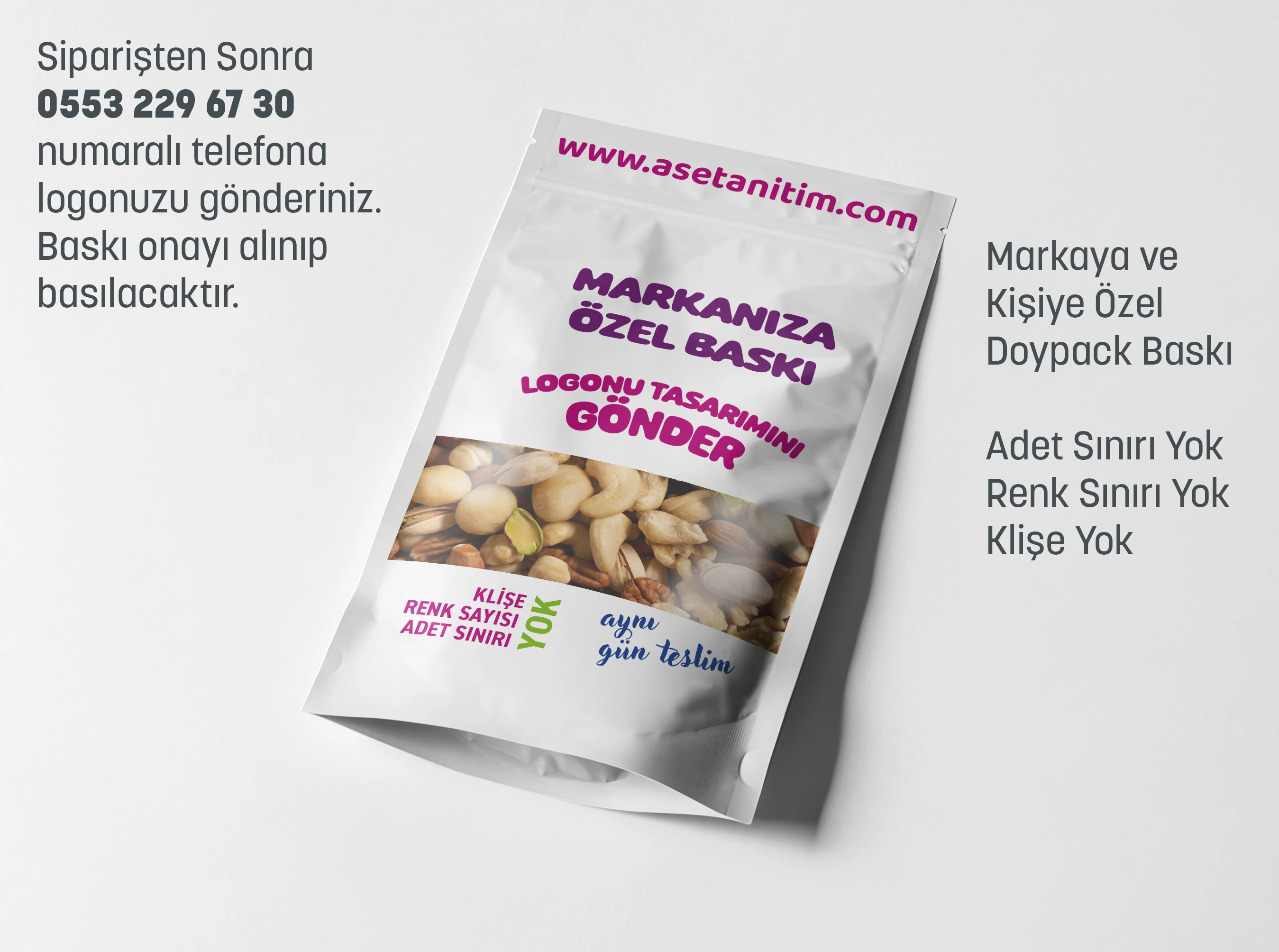 Logo Baskılı Pencereli Beyaz Doypack