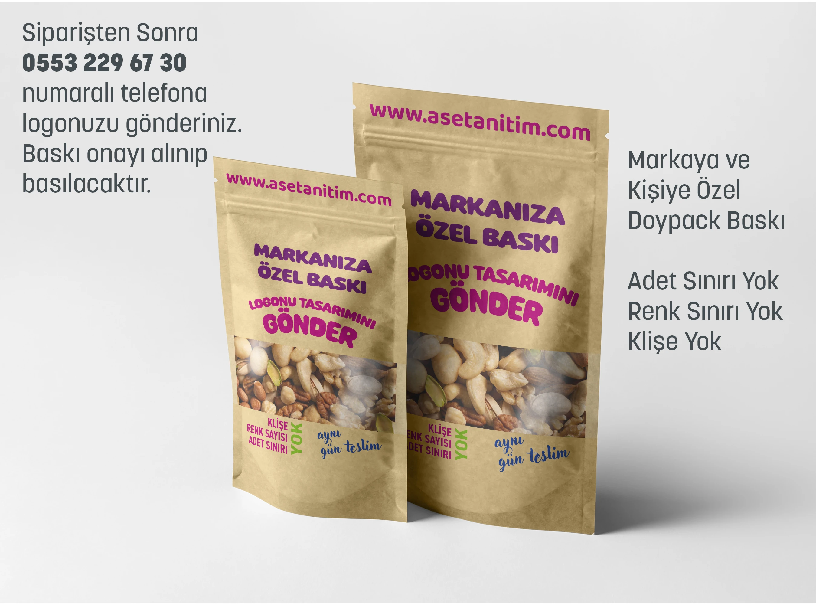 Logo Baskılı Pencereli Kraft Doypack