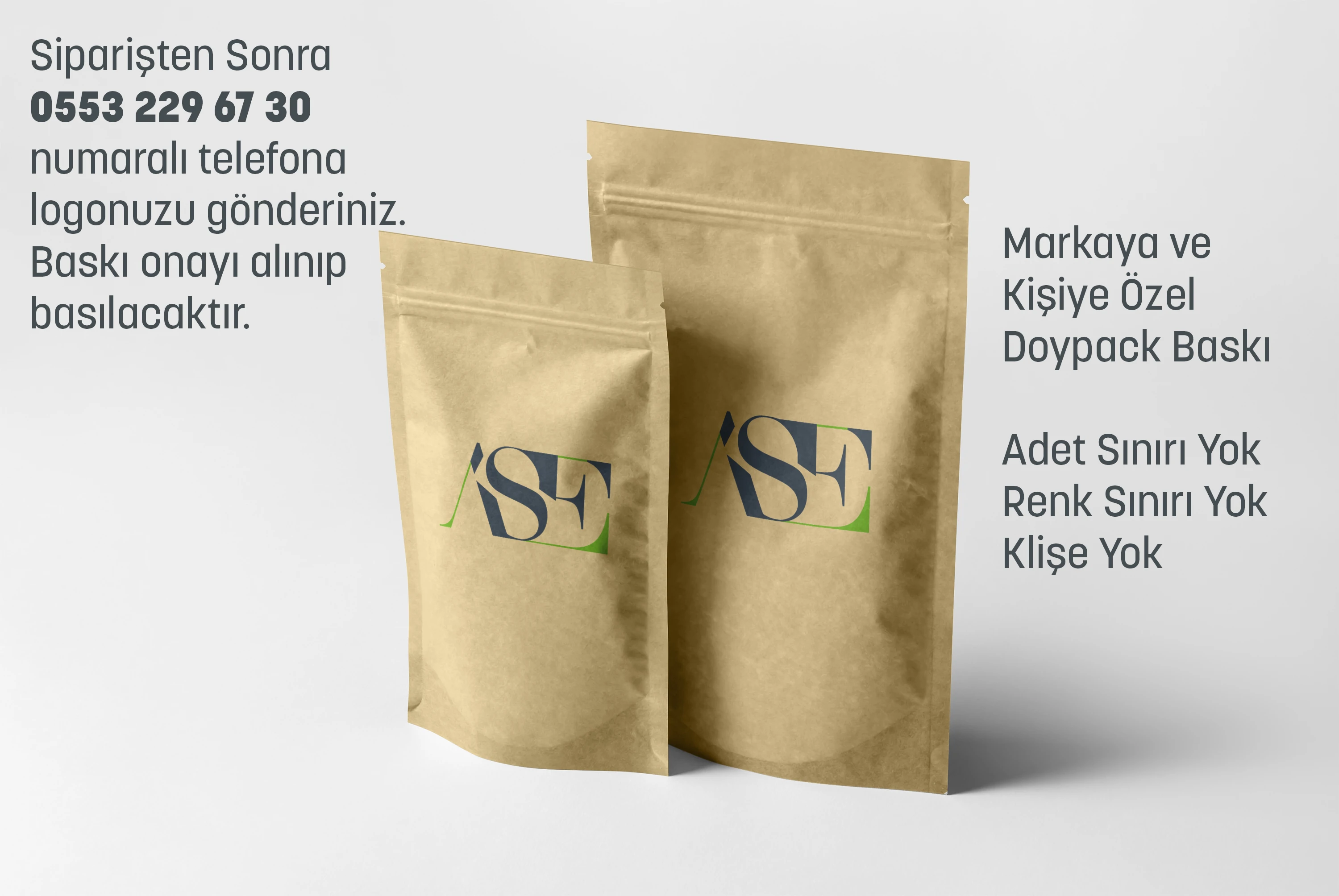 Logo Baskılı Penceresiz Kraft Doypack