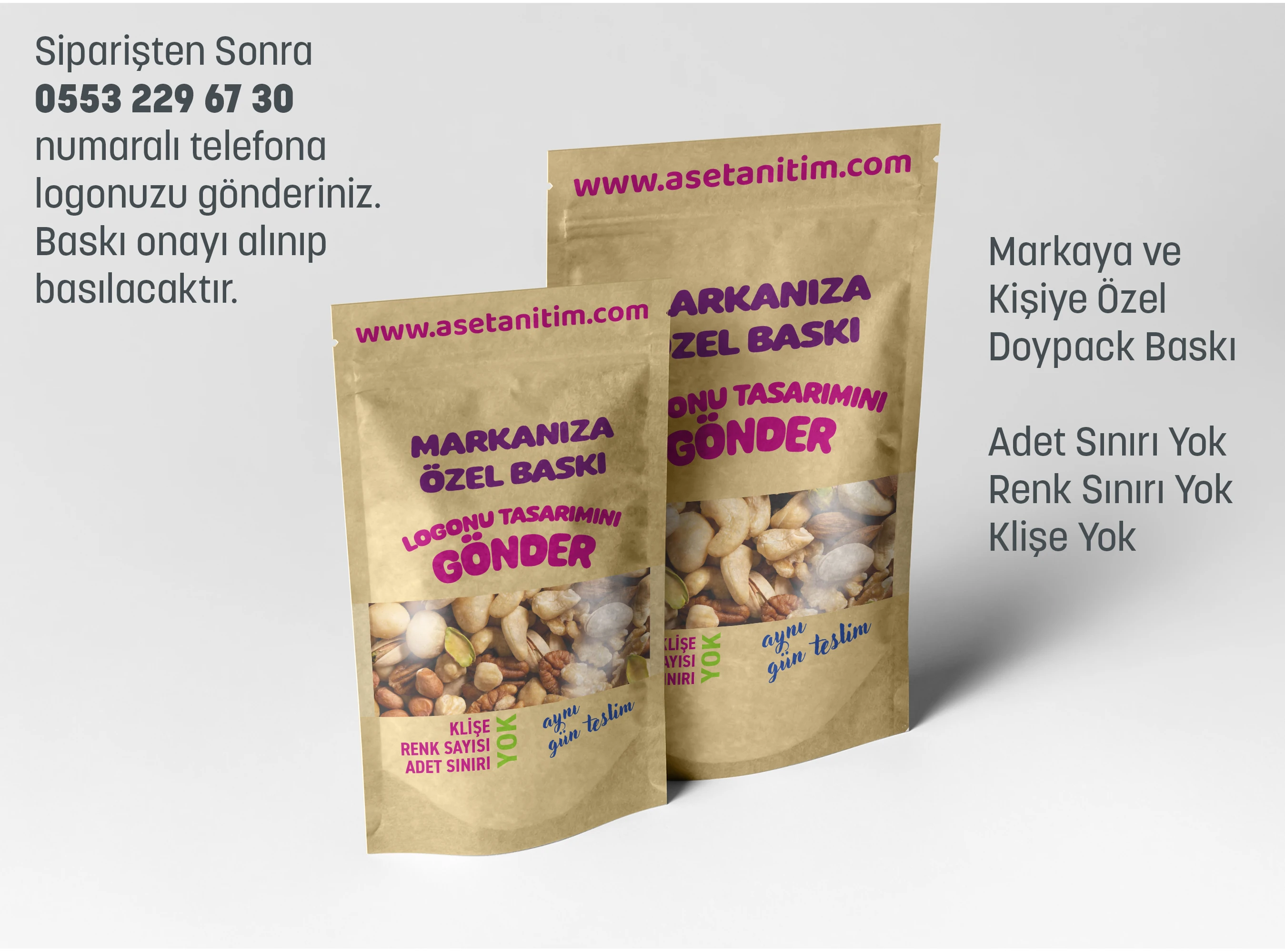 Logo Baskılı Pencereli Kraft Doypack