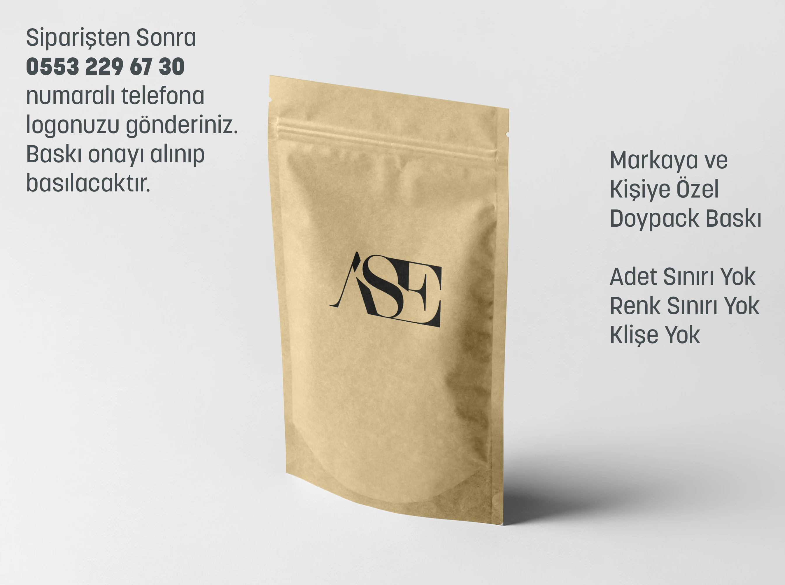 Siyah Logo Baskılı Penceresiz Kraft Doypack