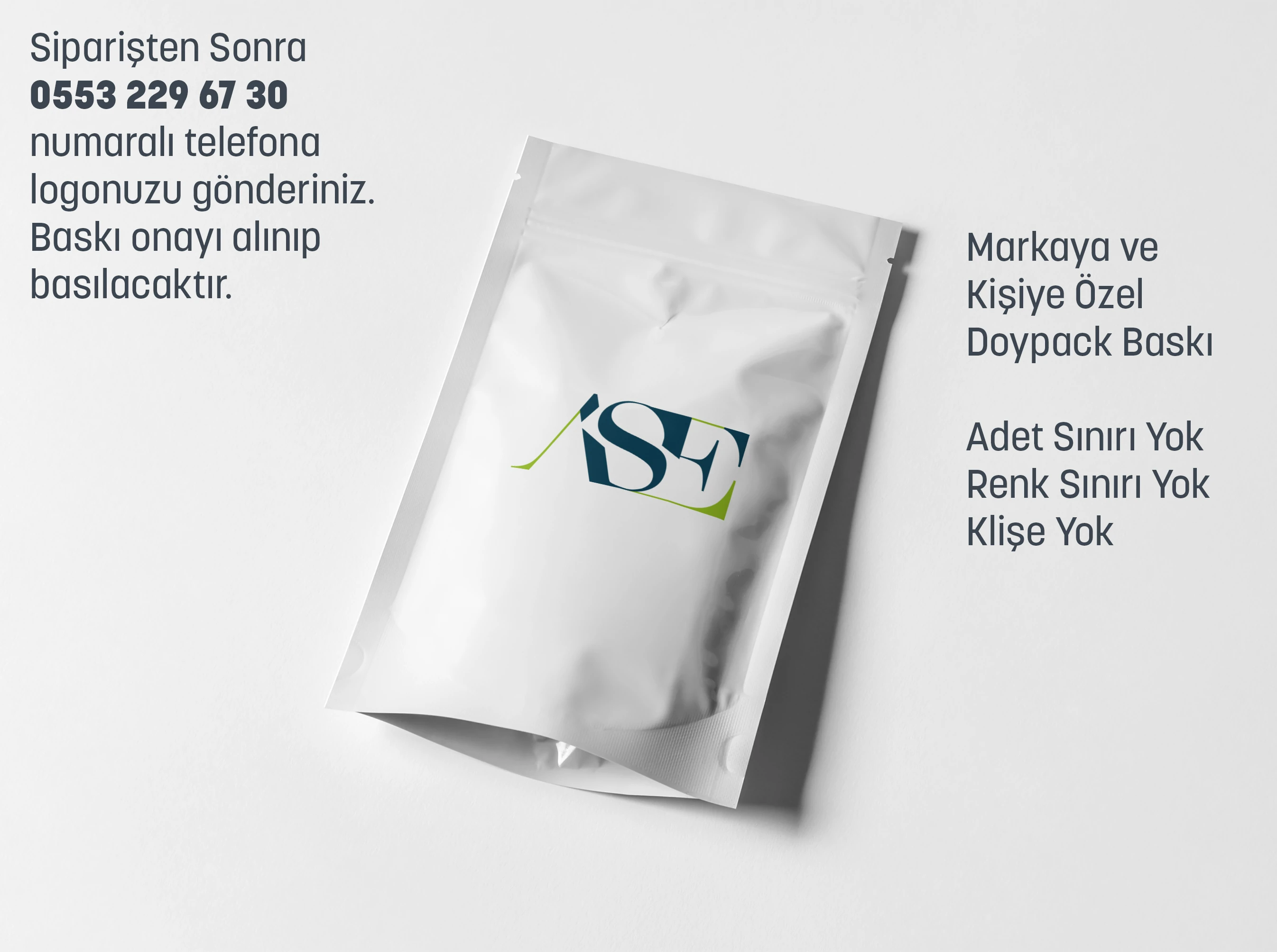 Logo Baskılı Penceresiz Beyaz Doypack