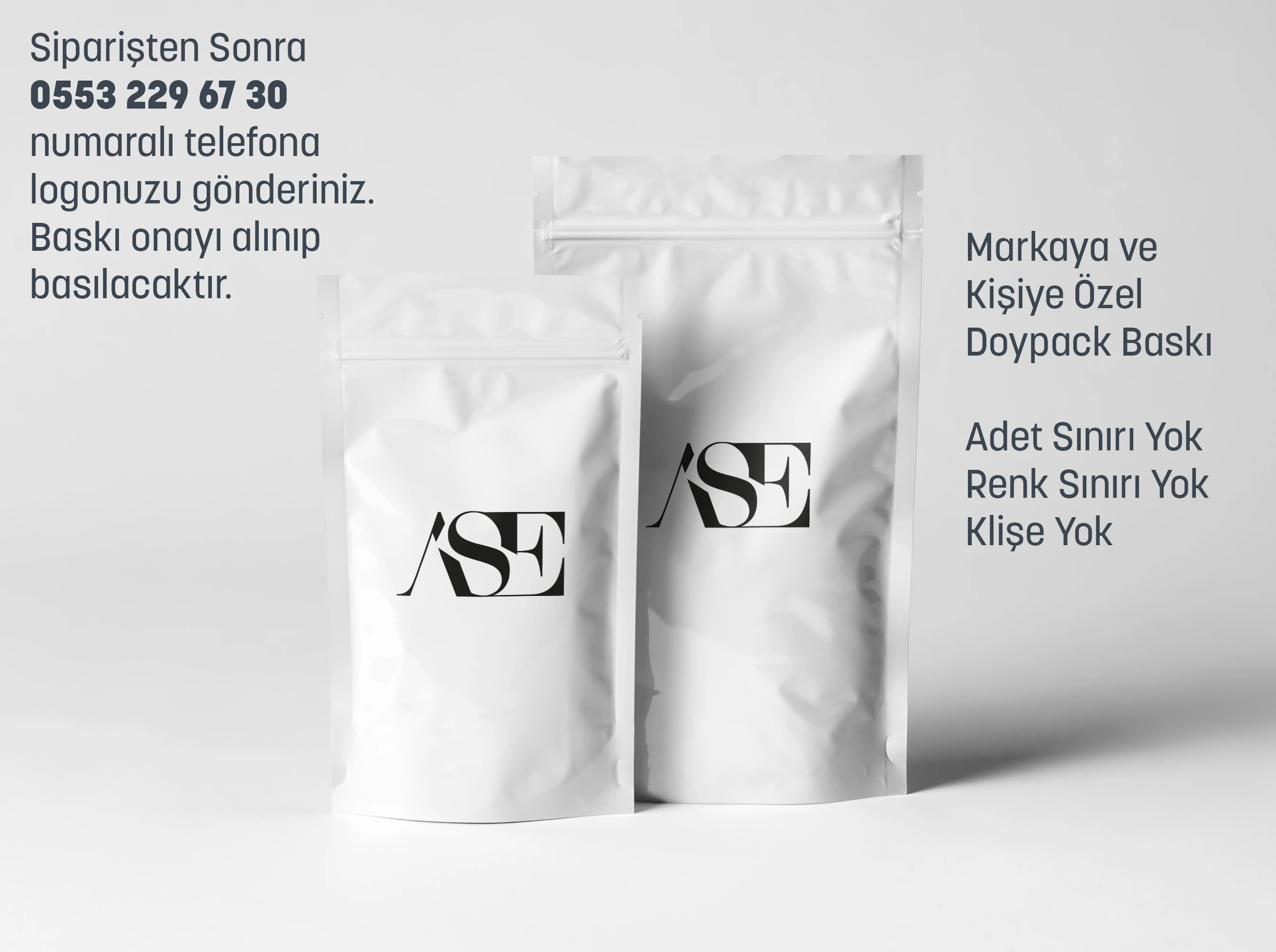 Siyah Logo Baskılı Penceresiz Beyaz Doypack