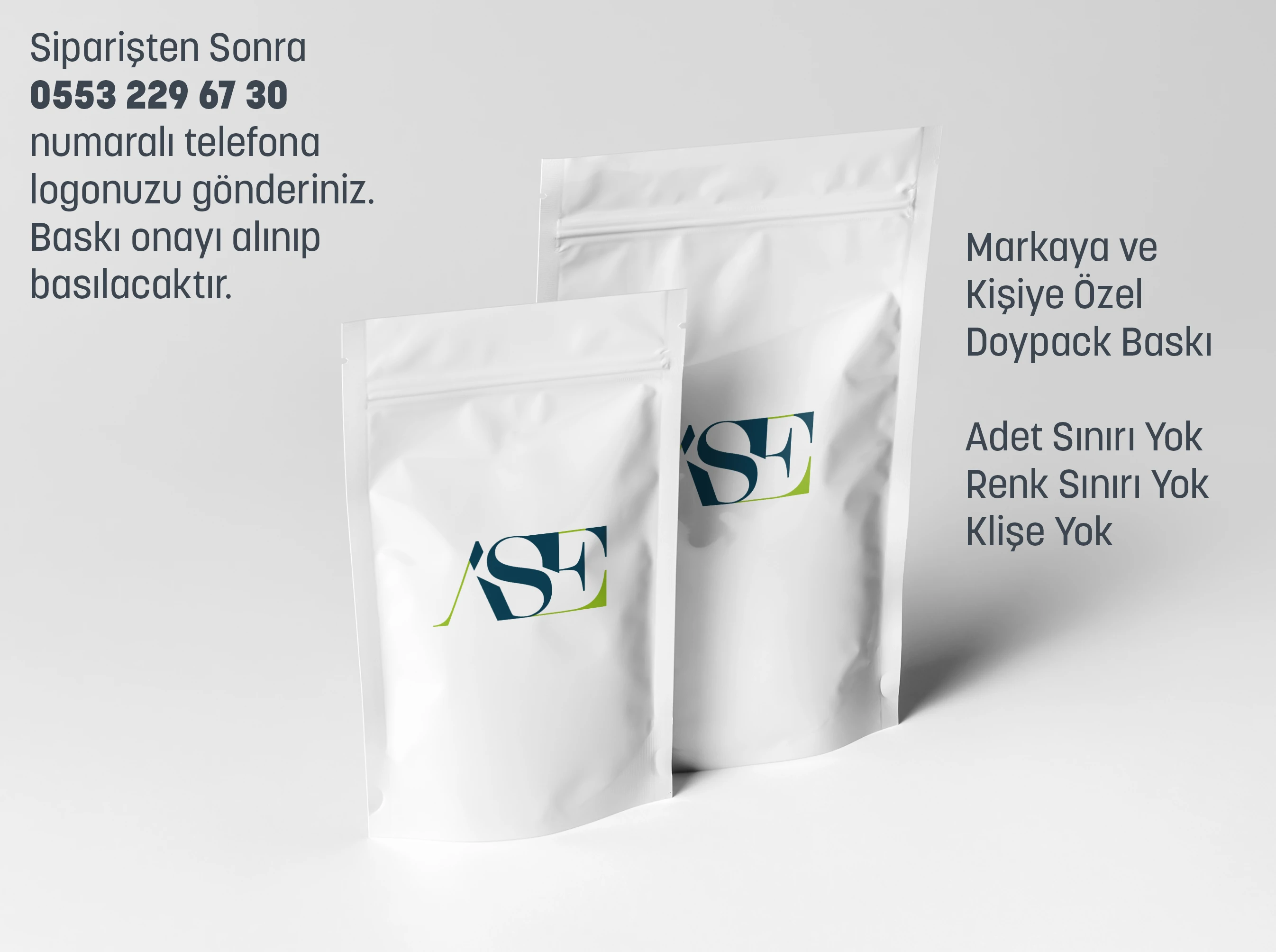 Logo Baskılı Penceresiz Beyaz Doypack