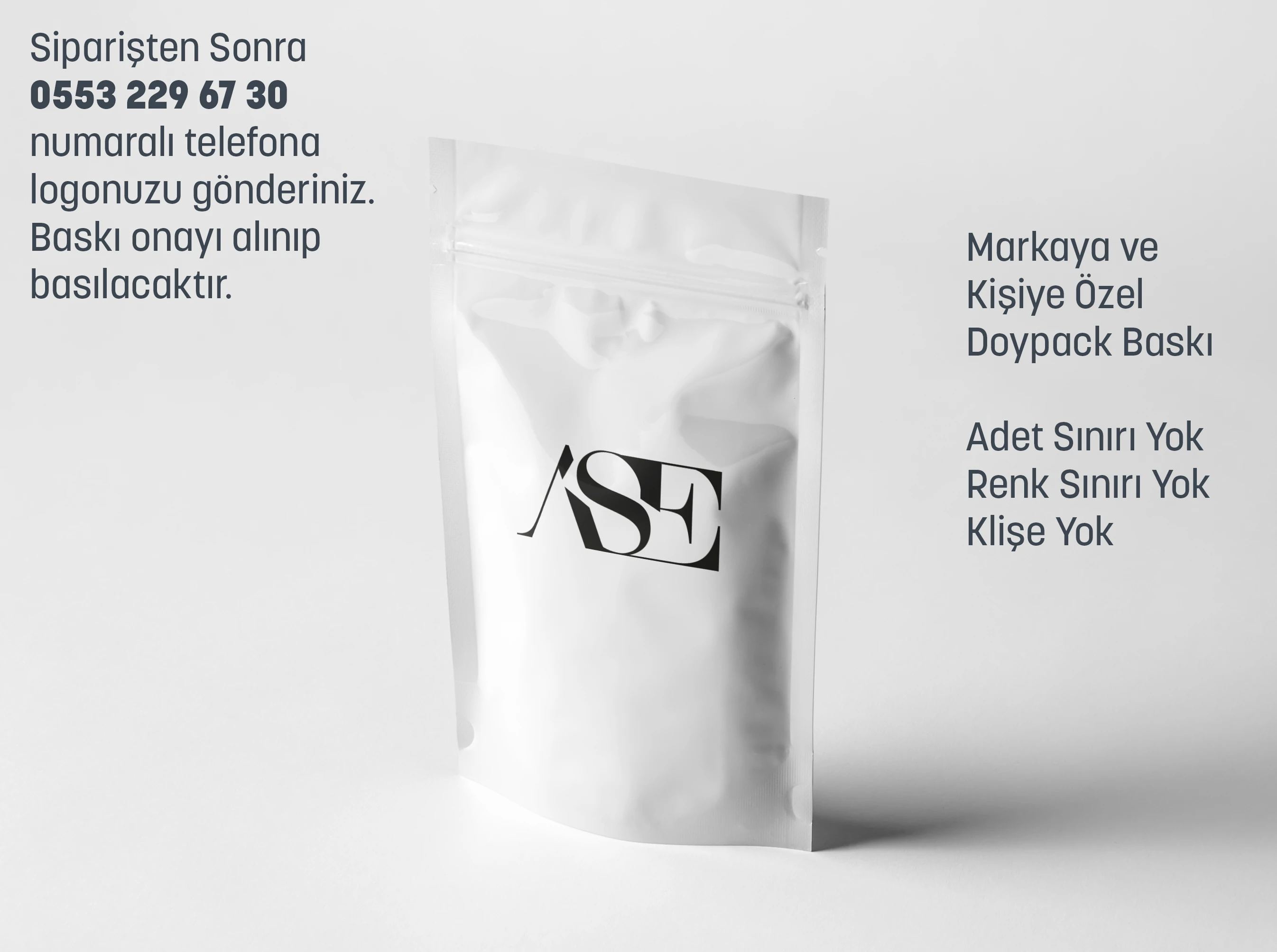 Siyah Logo Baskılı Penceresiz Beyaz Doypack