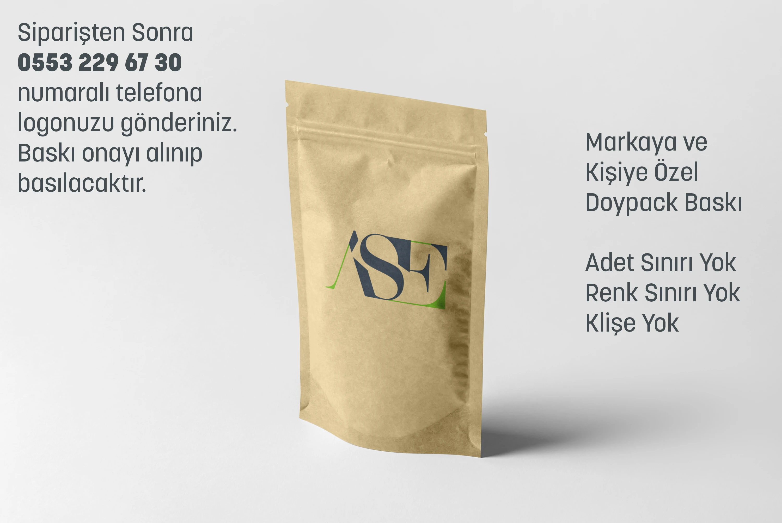 Logo Baskılı Penceresiz Kraft Doypack