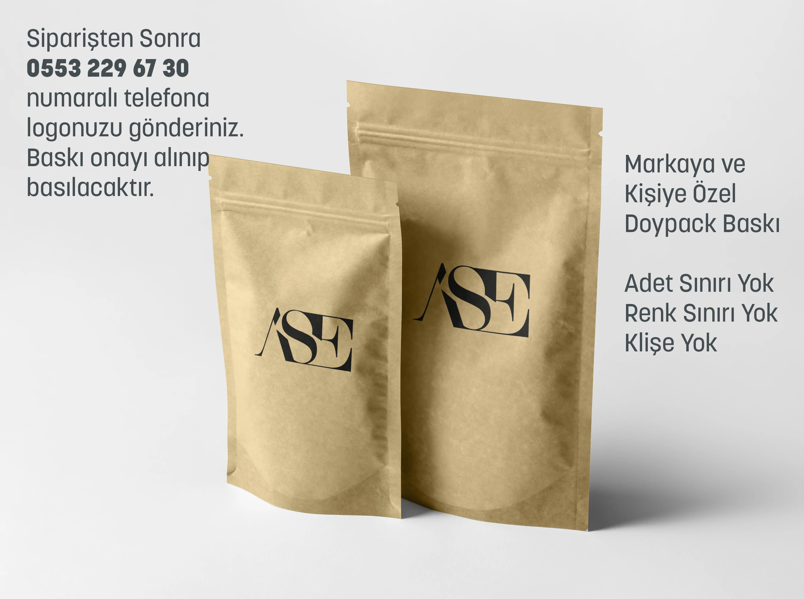 Siyah Logo Baskılı Penceresiz Kraft Doypack