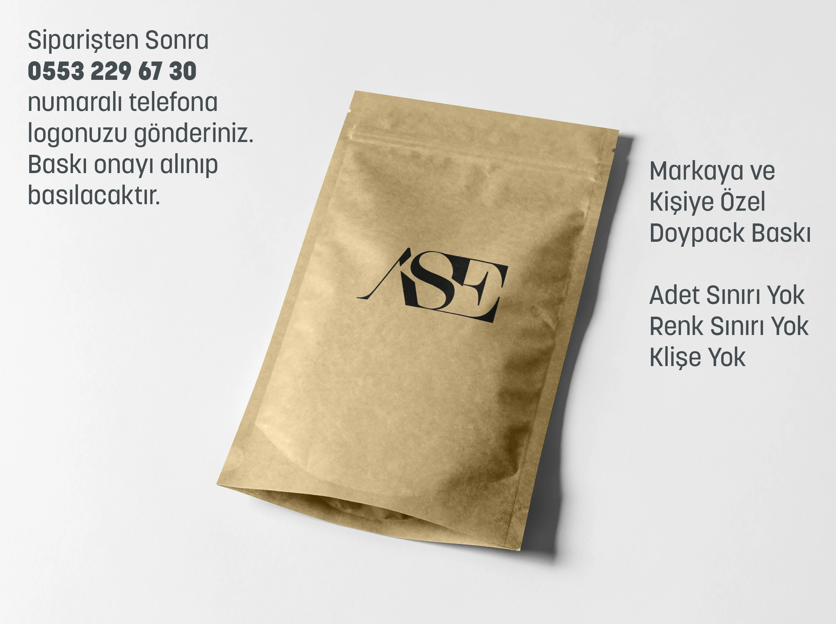Siyah Logo Baskılı Penceresiz Kraft Doypack
