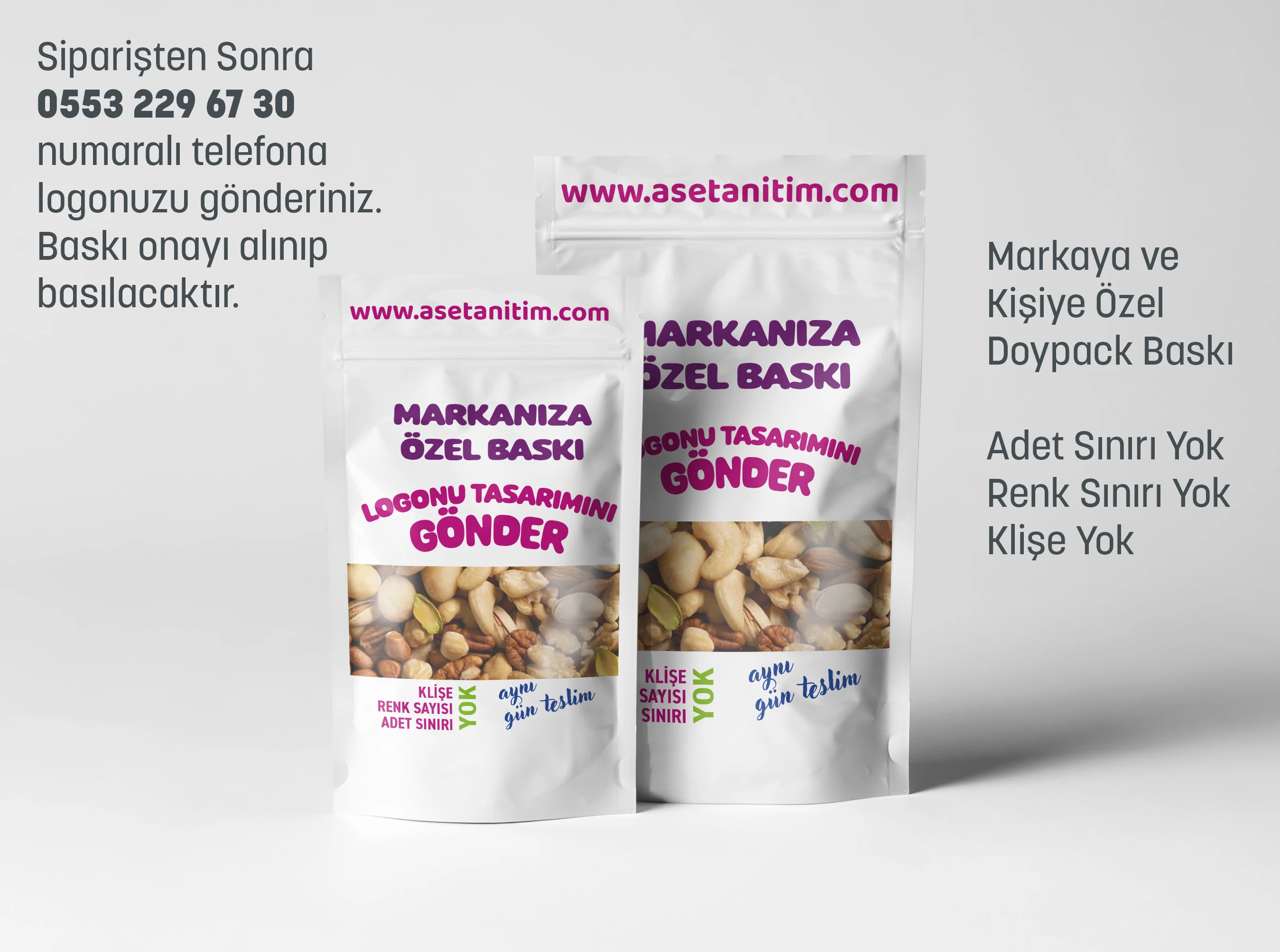 Logo Baskılı Pencereli Beyaz Doypack