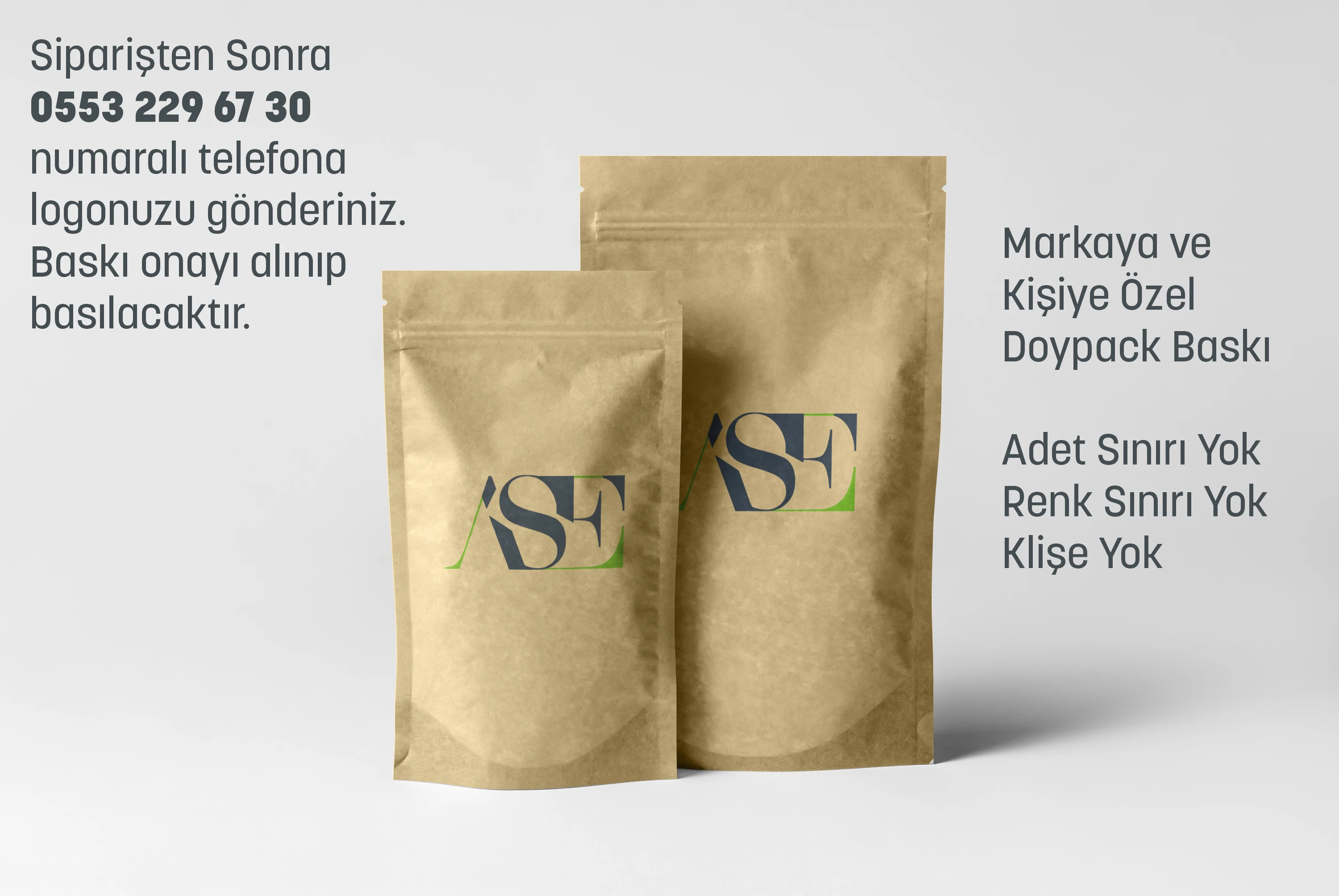 Logo Baskılı Penceresiz Kraft Doypack