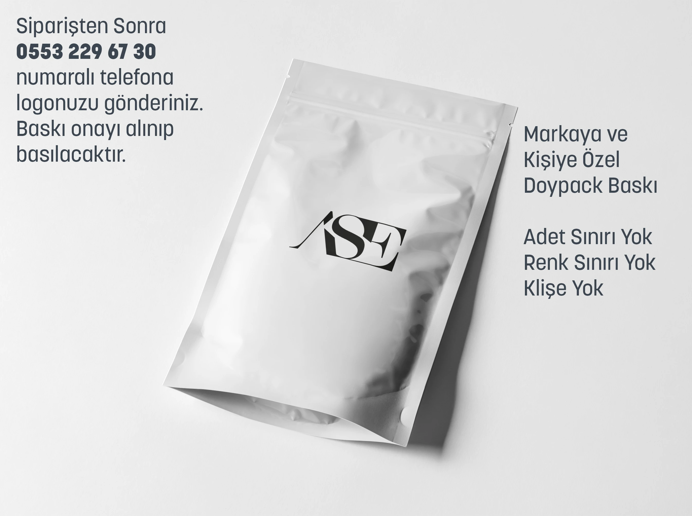 Siyah Logo Baskılı Penceresiz Beyaz Doypack