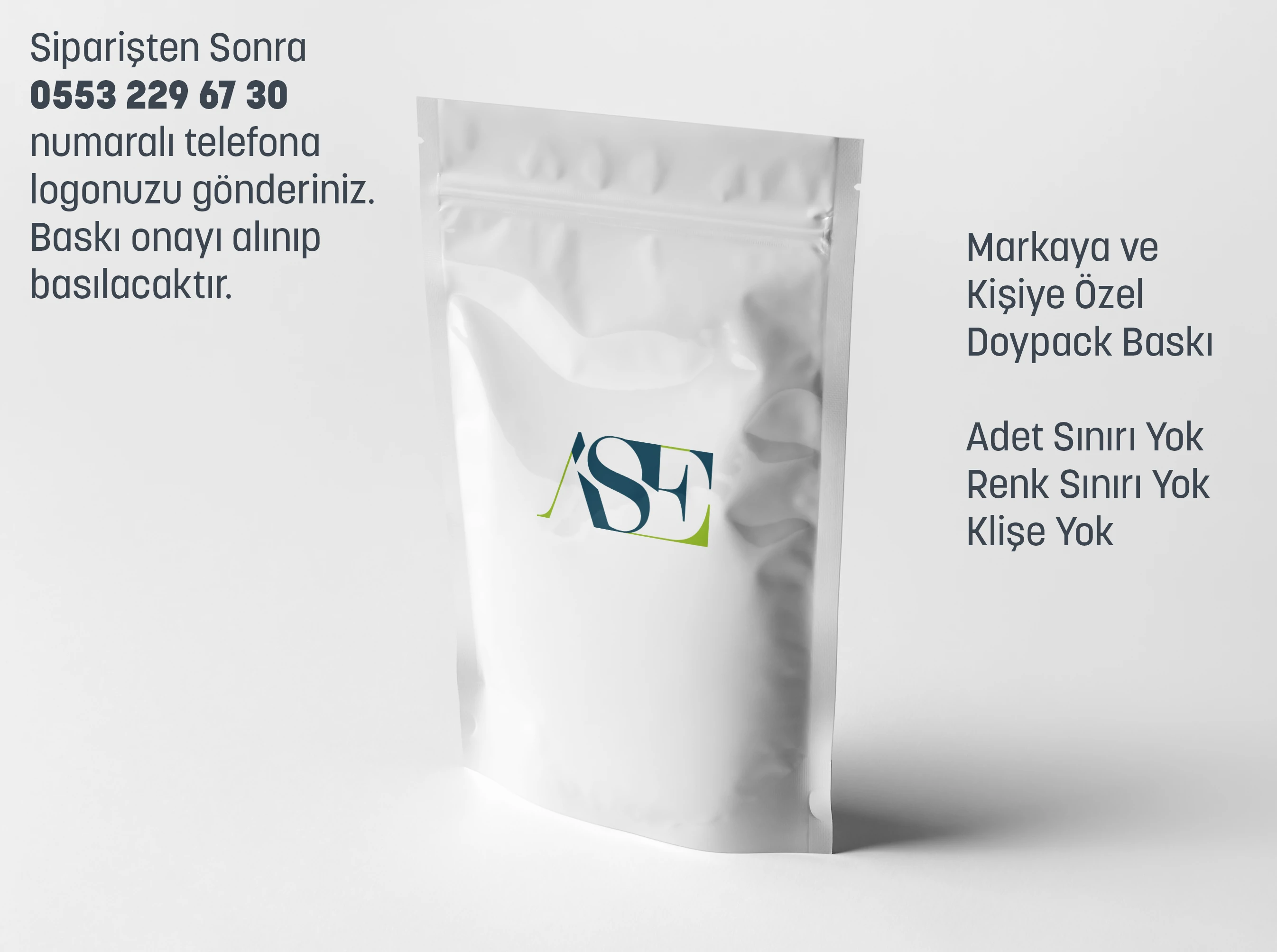 Logo Baskılı Penceresiz Beyaz Doypack