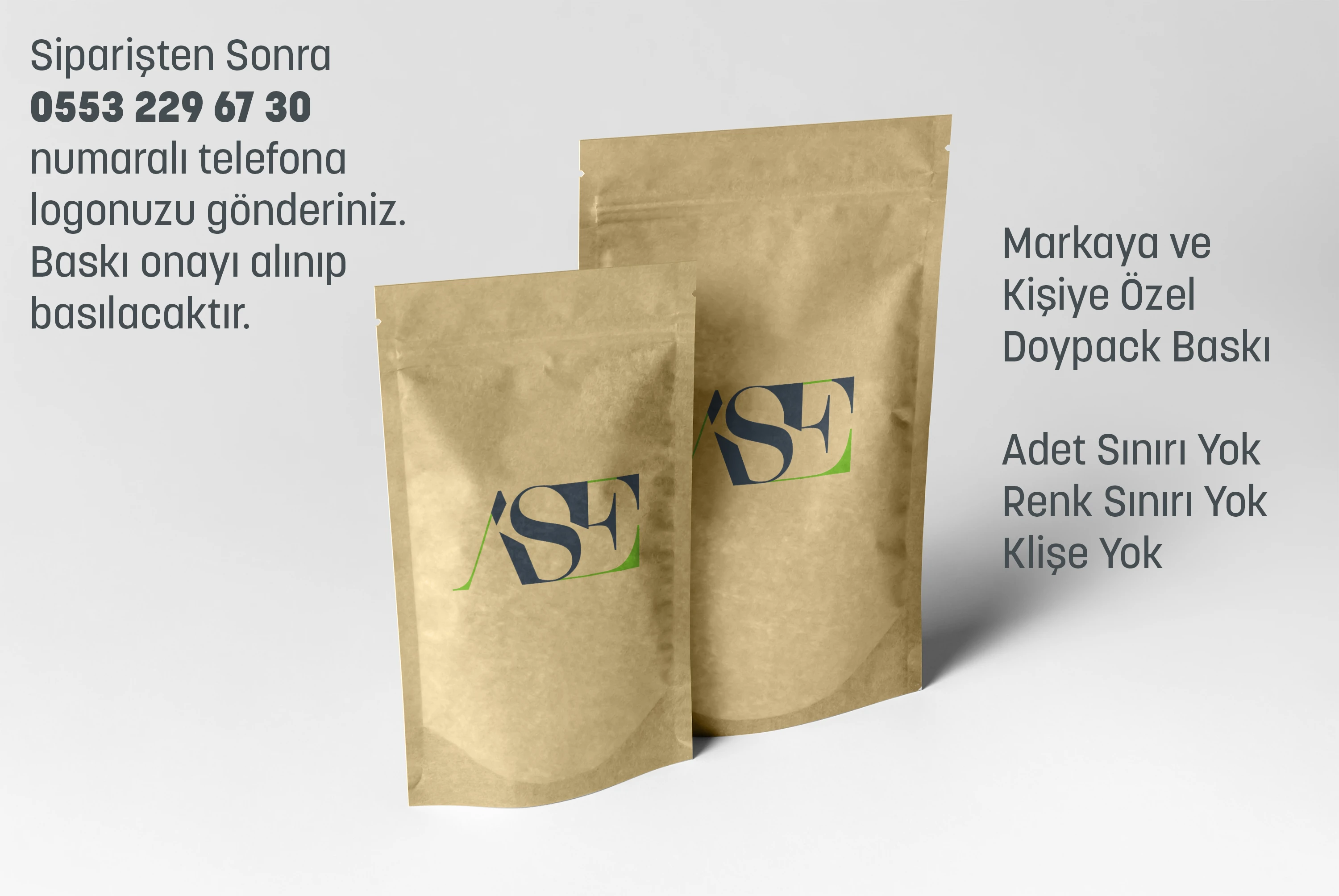 Logo Baskılı Penceresiz Kraft Doypack