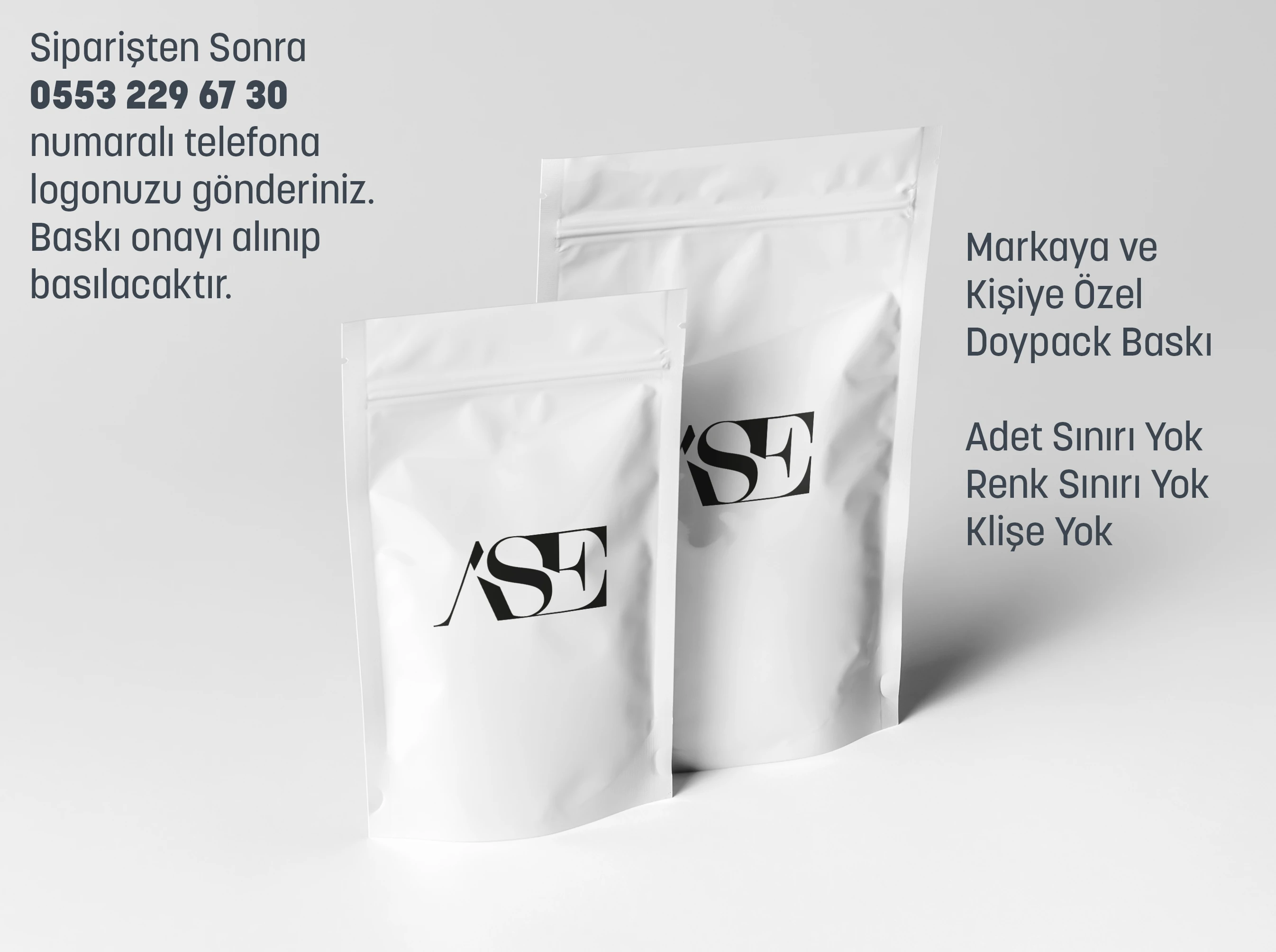 Siyah Logo Baskılı Penceresiz Beyaz Doypack
