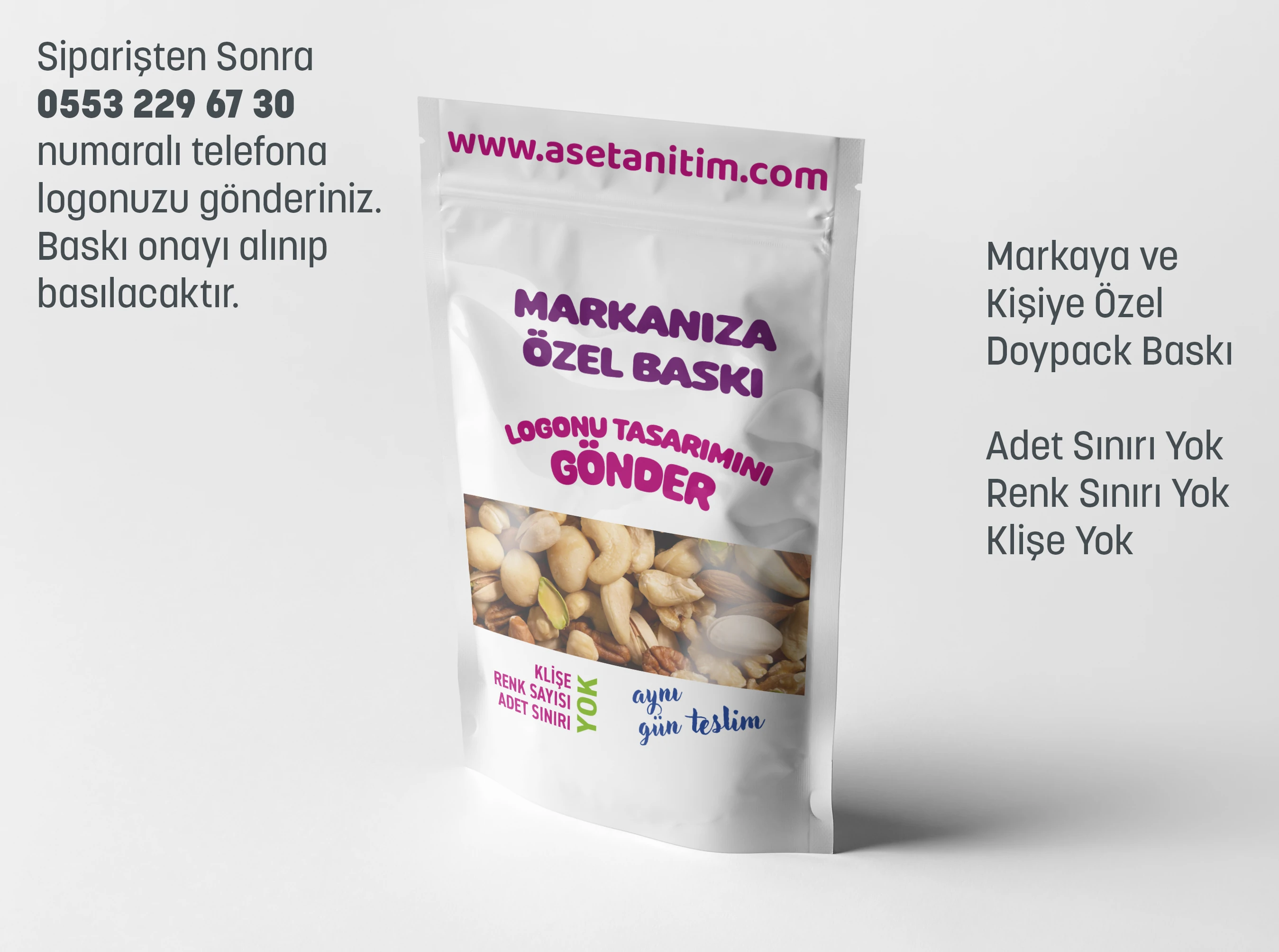 Logo Baskılı Pencereli Beyaz Doypack