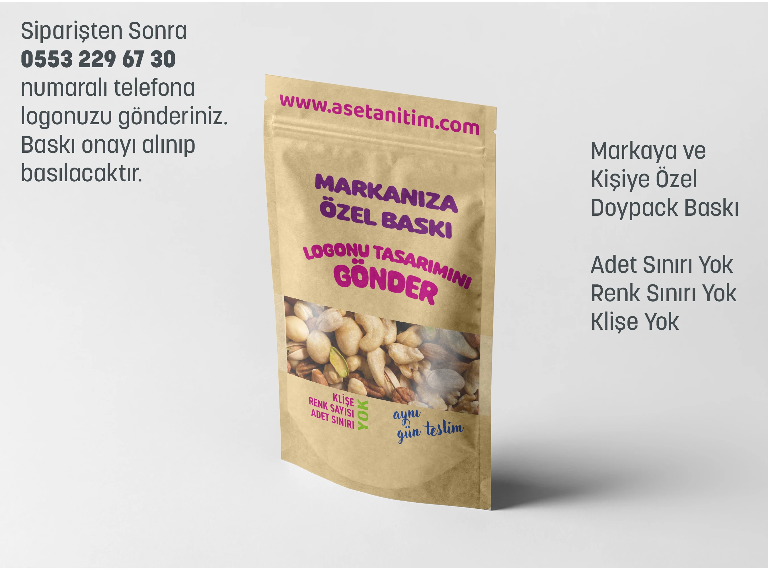 Logo Baskılı Pencereli Kraft Doypack