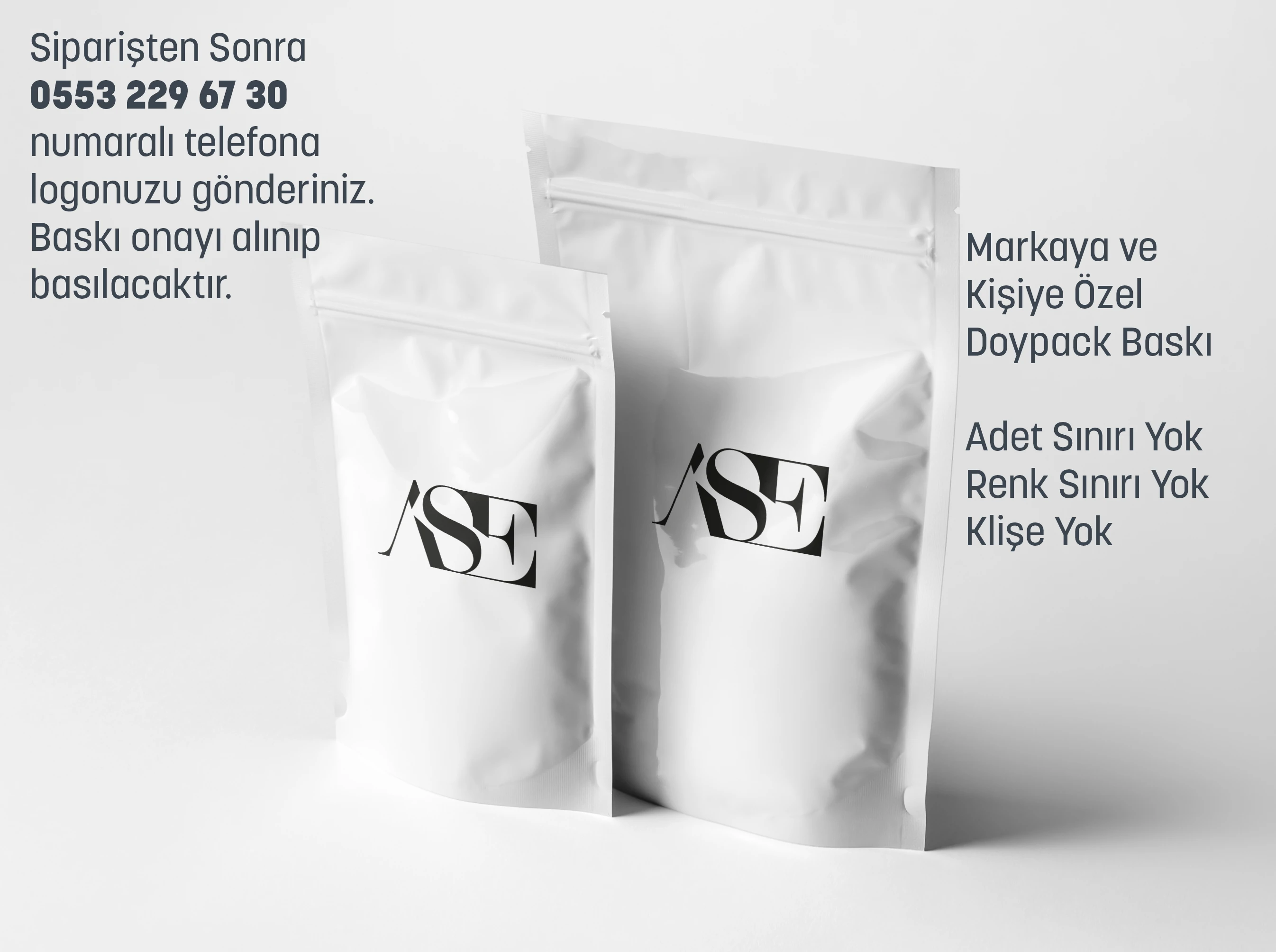 Siyah Logo Baskılı Penceresiz Beyaz Doypack