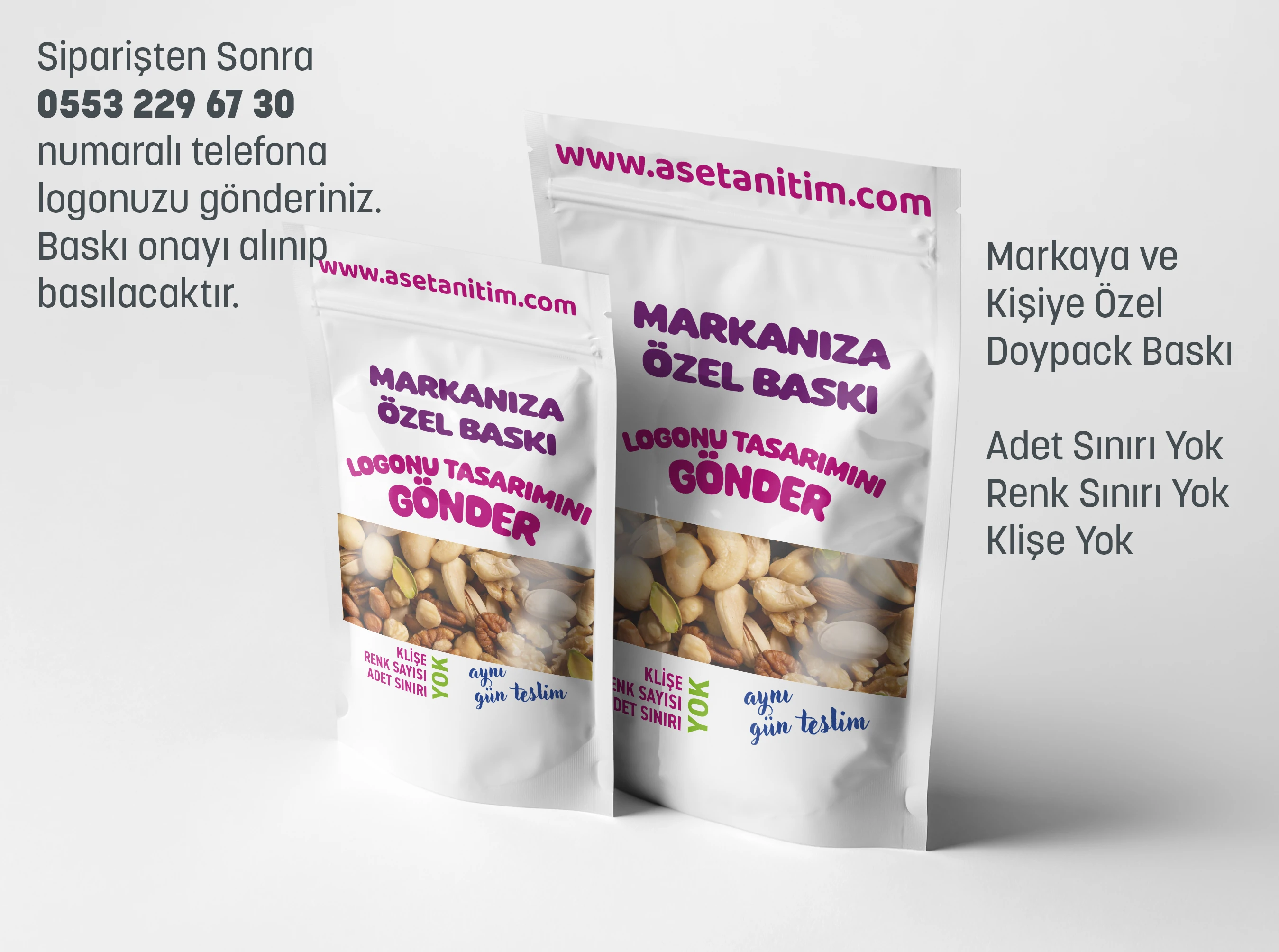 Logo Baskılı Pencereli Beyaz Doypack