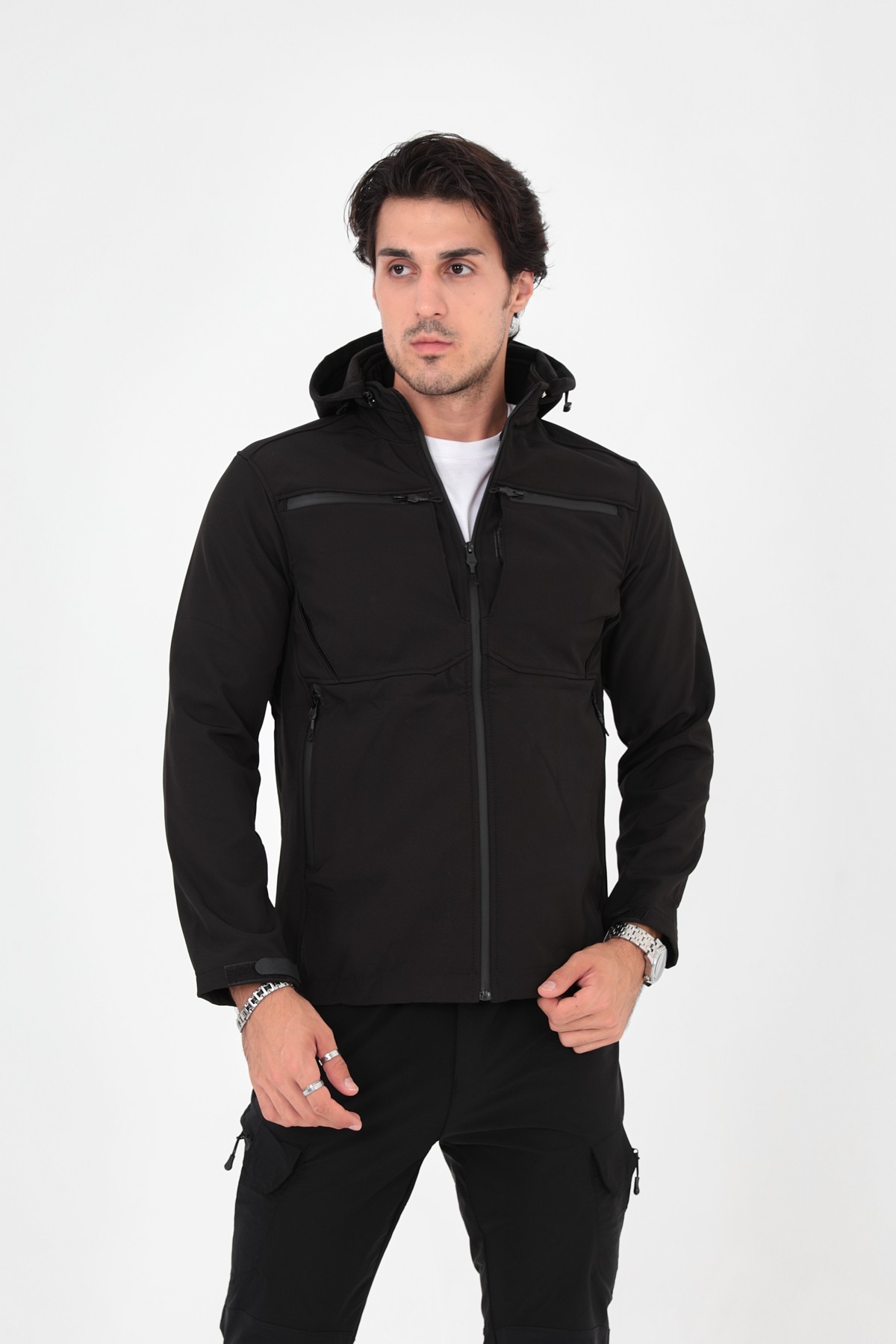 Camp456 Outdoor Tactical Softshell Su & Rüzgara Dayanıklı Seyyar Kapüşonlu Erkek Taktik Mont - SİYAH