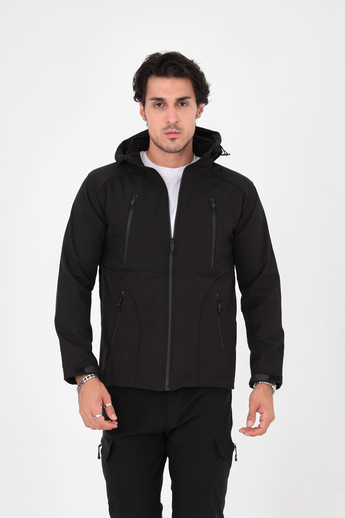 Camp455 Outdoor Tactical Softshell Su & Rüzgara Dayanıklı Seyyar Kapüşonlu Erkek Taktik Mont - SİYAH