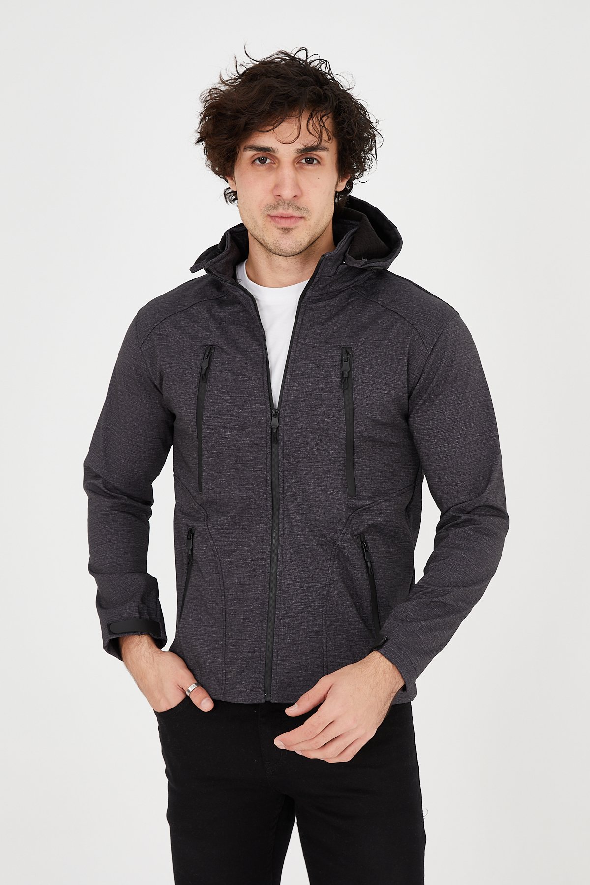 Camp455 / K32 Outdoor Tactical Softshell Su & Rüzgara Dayanıklı Seyyar Kapüşonlu Erkek Taktik Mont - ANTRASİT
