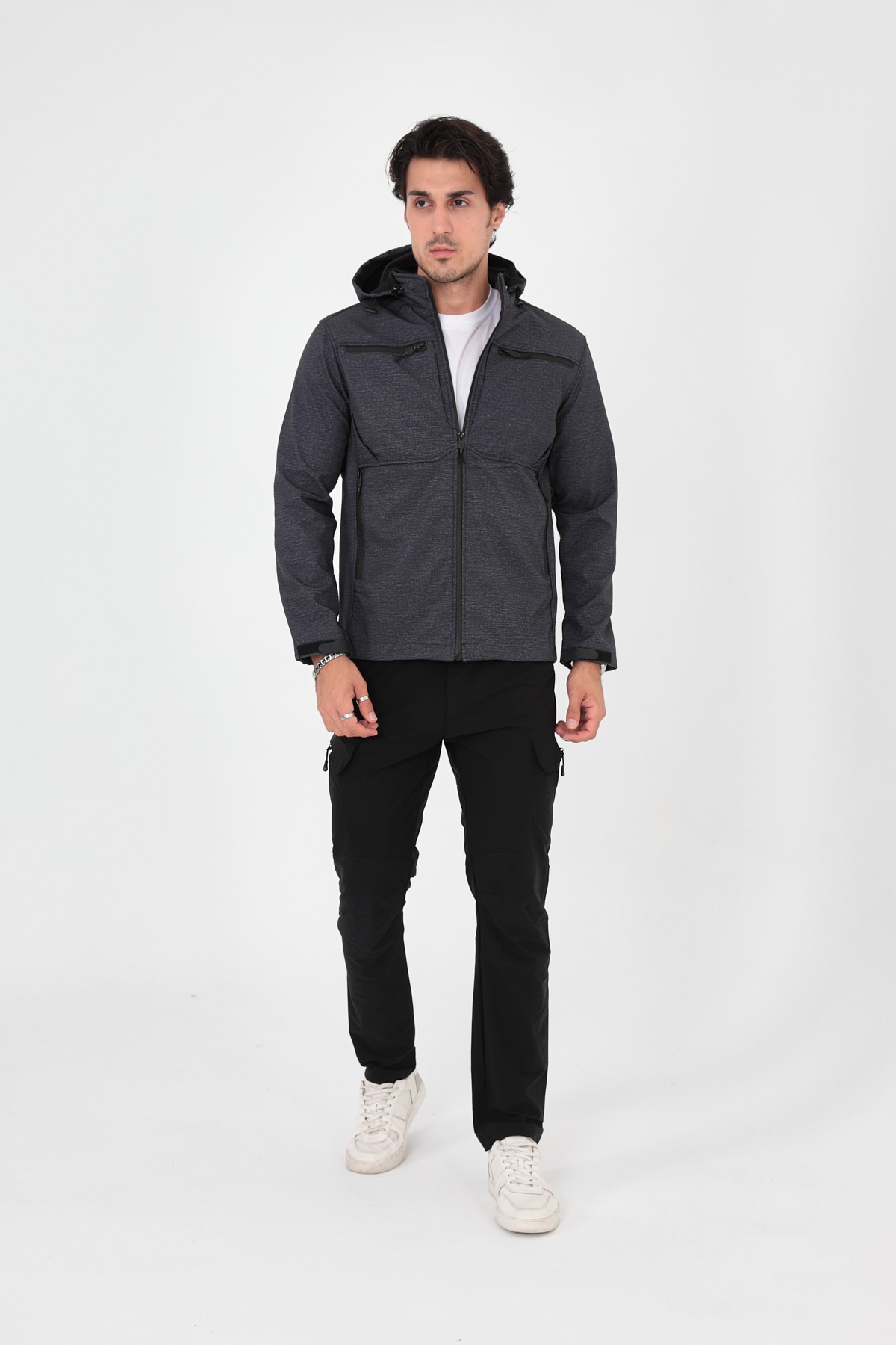 Camp456 Outdoor Tactical Softshell Su & Rüzgara Dayanıklı Seyyar Kapüşonlu Erkek Taktik Mont - ANTRASİT