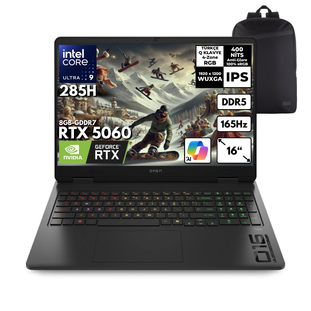 HP OMEN Ultra 9-285H 40-GBDDR5 4 TBSSD RTX5060 (8GB) 16" WUXGA 165Hz Freedos + HMF Sırt Çantası BQ3Z2EAHMF12