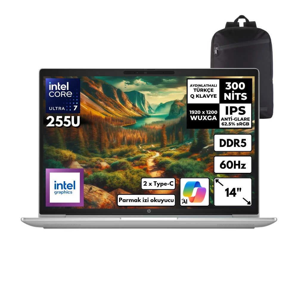 Hp Probook 4 G1i Ultra 7-255U 32-GBDDR5 2 TBSSD Intel Graphics 14" WUXGA Freedos + HMF Sırt Çantası C9FH1ETHMF8