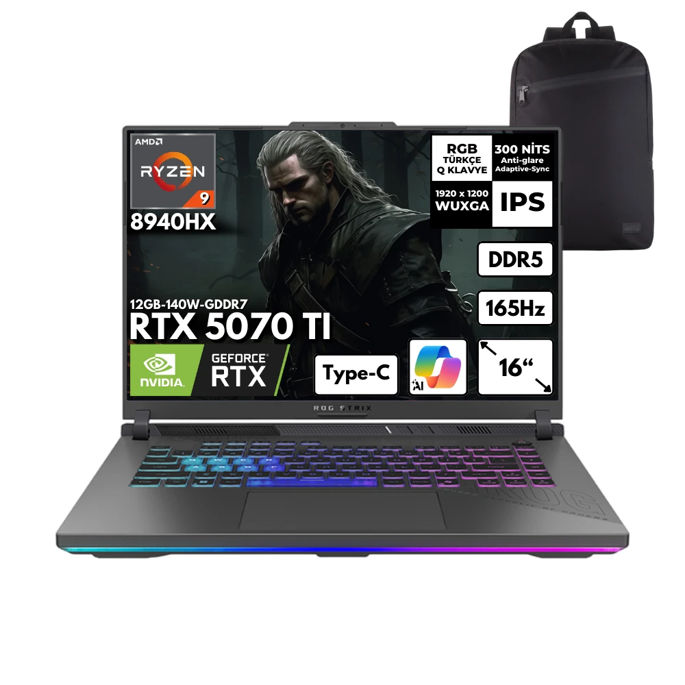 Asus ROG Strix G16 Ryzen 9-8940HX 40-GBDDR5 4 TBSSD RTX5070TI (12GB-140W-GDDR7) 16" WUXGA 165Hz Windows 11 Pro + HMF Sırt Çantası G614PR-RV051HMF24