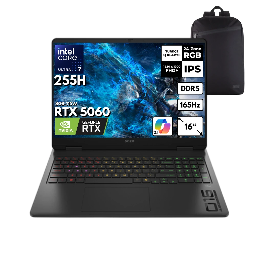 HP OMEN 16-am0018nt Ultra 7-255H 48 -GBDDR5 1 TBSSD RTX5060 (8GB-115W) 16" 165Hz Windows 10 Pro + HMF Sırt Çantası BQ1Z1EAHMF49