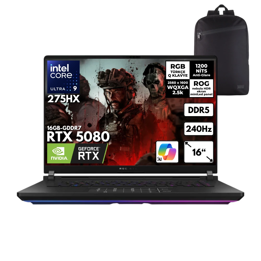 Asus ROG Strix Scar 16 Ultra 9-275HX 32-GBDDR5 1 TBSSD RTX5080 (16 GB) 16" WQXGA Windows 10 Pro + HMF Sırt Çantası G635LW-RW138HMF46