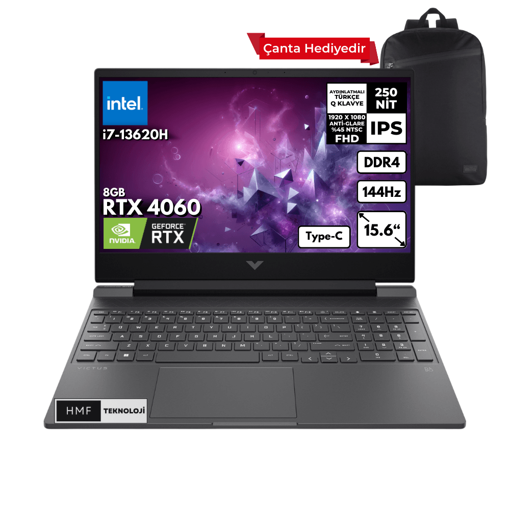 HP Victus 15-FA1085NT i7-13620H 32 GB 4 TBSSD RTX4060 (8GB) 144Hz 15.6" FHD Windows 11 Pro Gaming Notebook + HMF Sırt Çantası B10FNEAHMFC33