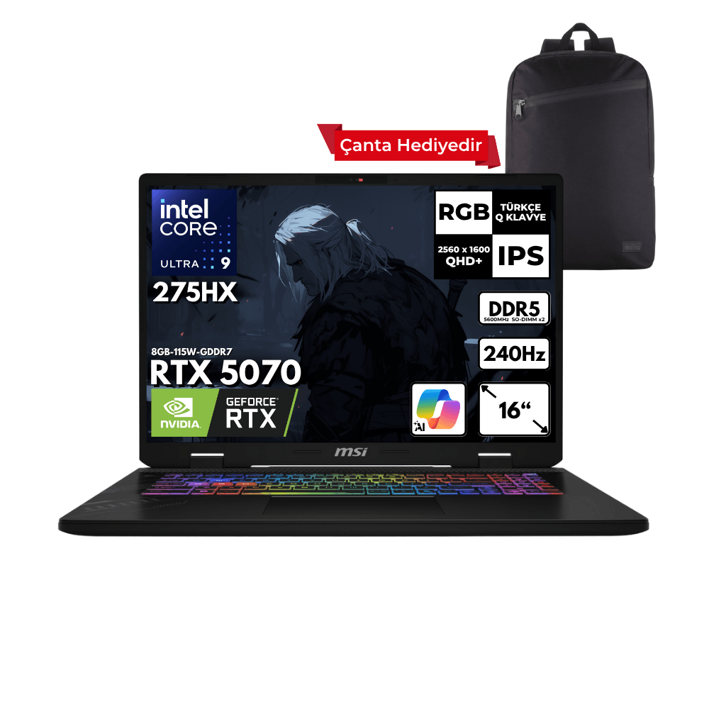 MSI CROSSHAIR 16HX AI Ultra 9-275HX 32-GBDDR5 1 TBSSD RTX5070 (8GB-115W-GDDR7) 16" 2K QHD+ 240Hz Freedos + HMF Sırt Çantası D2XWGKG-047XTRHMF1