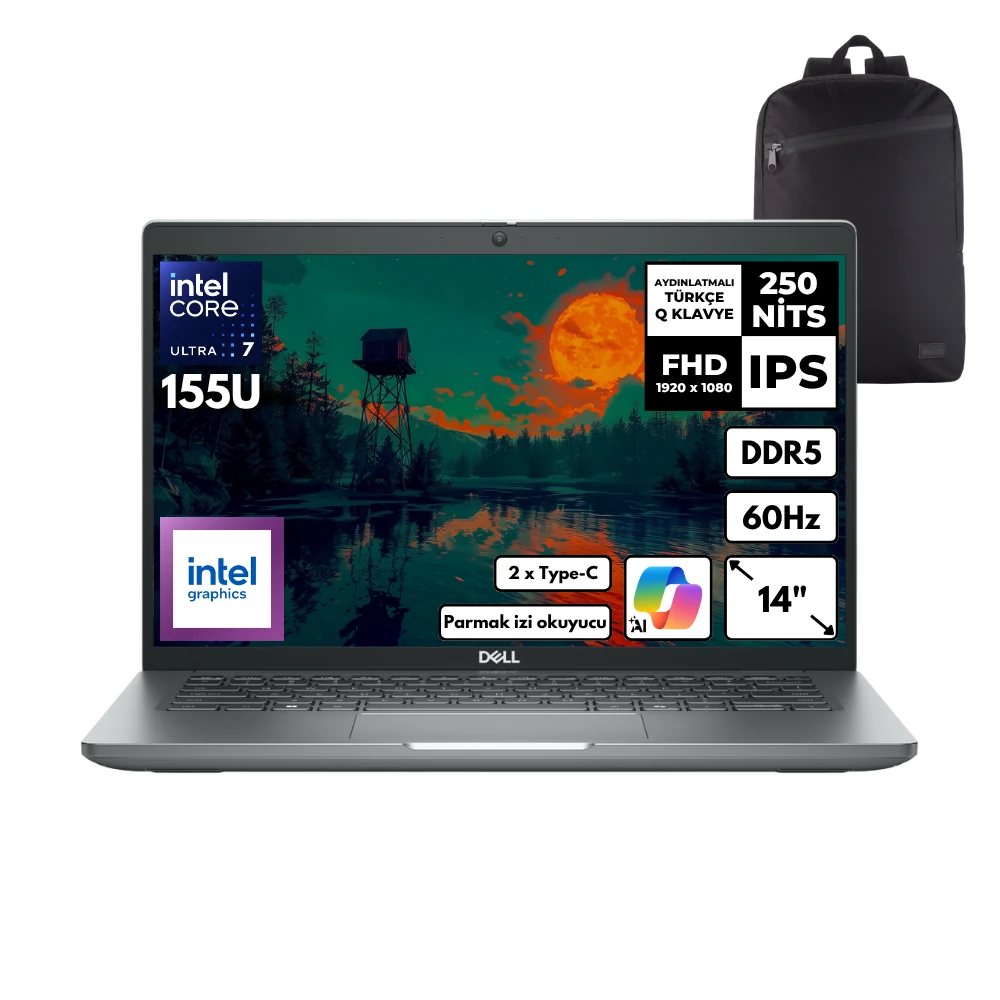 Dell Latitude 5450 Ultra 7-155U 64-GBDDR5 512 GBSSD Intel Graphics 14" FHD Windows 10 Pro + HMF Sırt Çantası N012L545014UHMF58