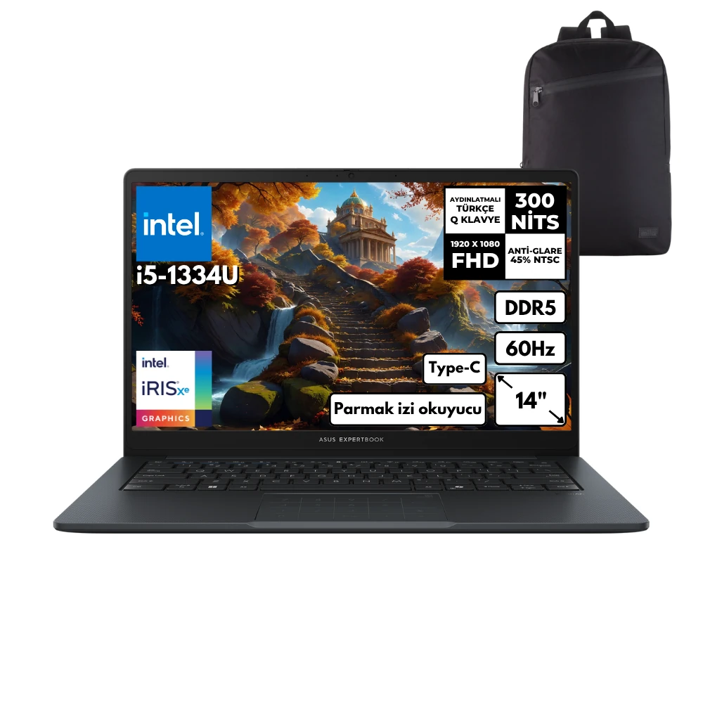 Asus Expertbook İ5-1334U 24-GBDDR5 1 TBSSD Intel Xe Graphics 14" Freedos + HMF Sırt Çantası B1403CVAHMF4