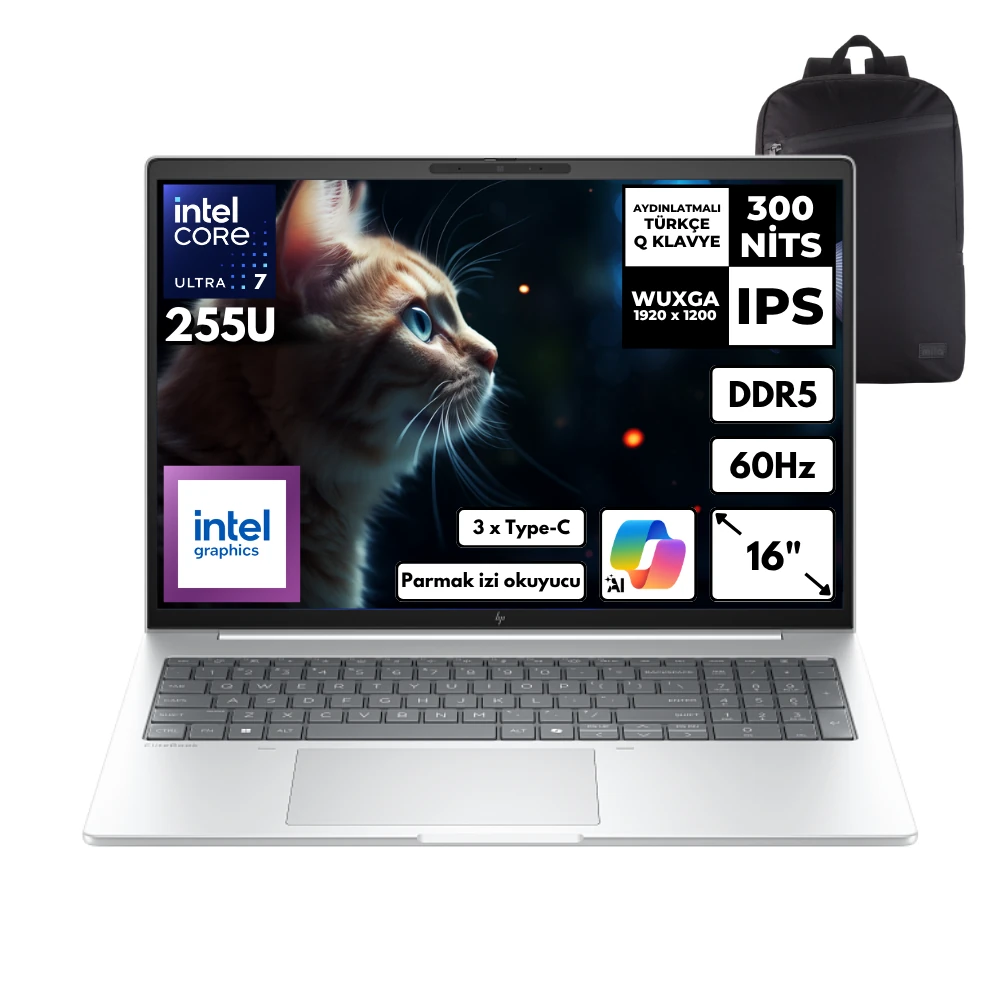HP Elitebook 8 Ultra 7-255U 48-GBDDR5 512 GBSSD Intel Graphics 16" WUXGA Windows 11 Pro + HMF Sırt Çantası C9FG8ETHMF19