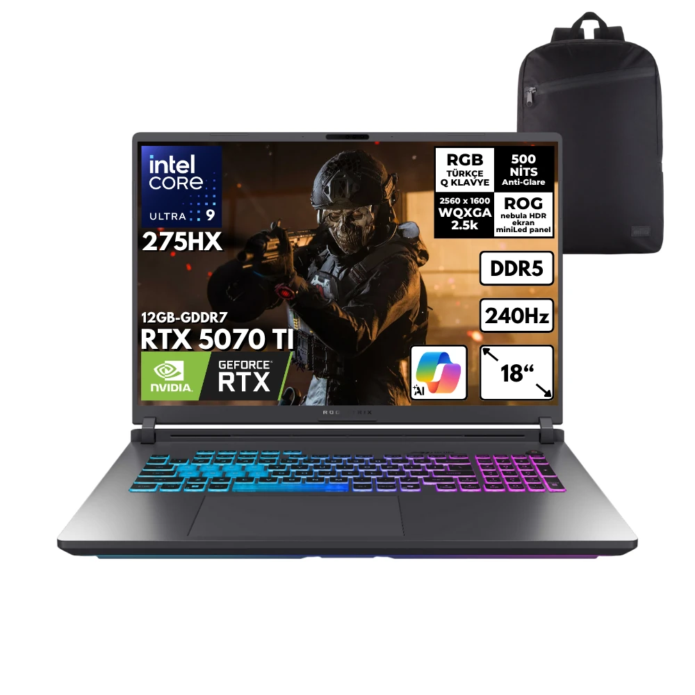 ASUS ROG STRIX G18 Ultra 9-275HX 32-GBDDR5 4 TBSSD RTX5070TI (12GB-GDDR7) 18" 2.5K WQXGA 240HZ Windows 10 Pro + HMF Sırt Çantası G815LR-S9156HMF45