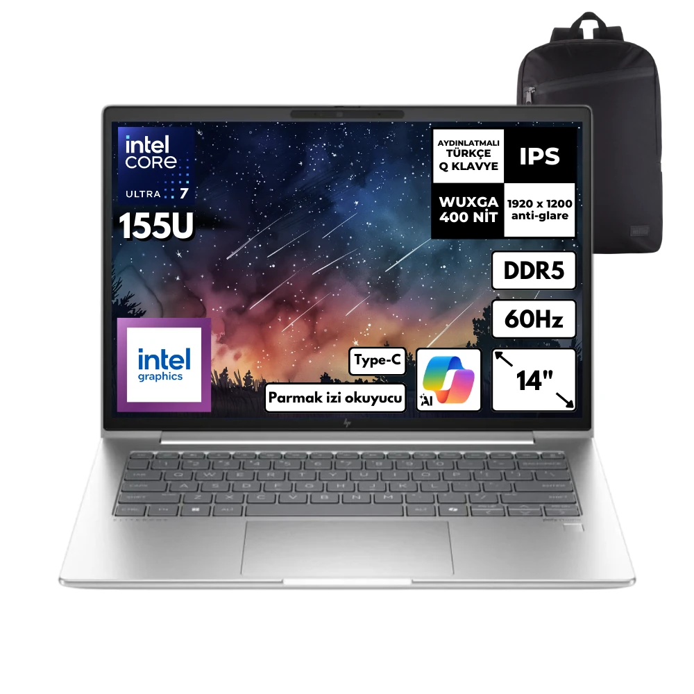 HP EliteBook 640 G11 Ultra 7-155U 32-GBDDR5 512 GBSSD Intel Graphics 14" WUXGA Windows 10 Home + HMF Sırt Çantası B2RK9ESHMF72