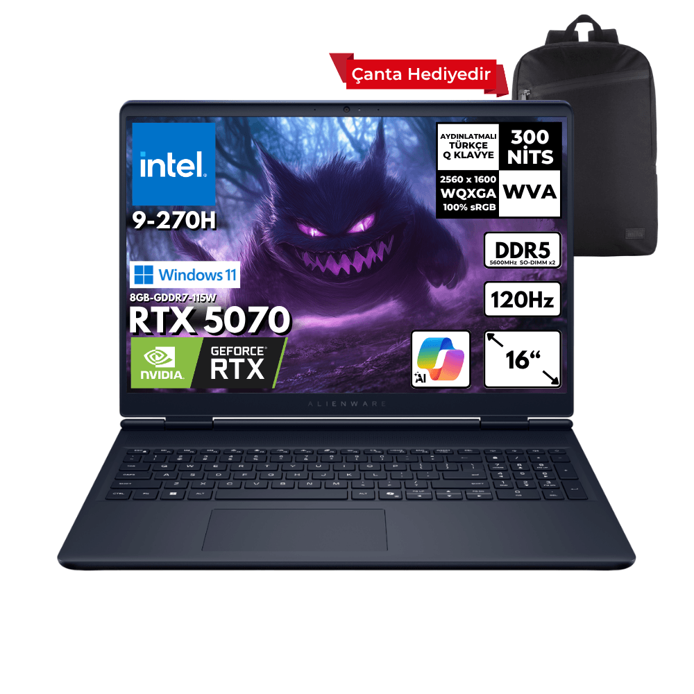 Dell Alienware 16 Aurora intel 9-270H 32-GBDDR5 1 TBSSD RTX5070 (8GB-115W-GDDR7) 16" 2K WQXGA 120Hz Windows 11 Home + HMF Sırt Çantası AC16250-C932157WHMF1