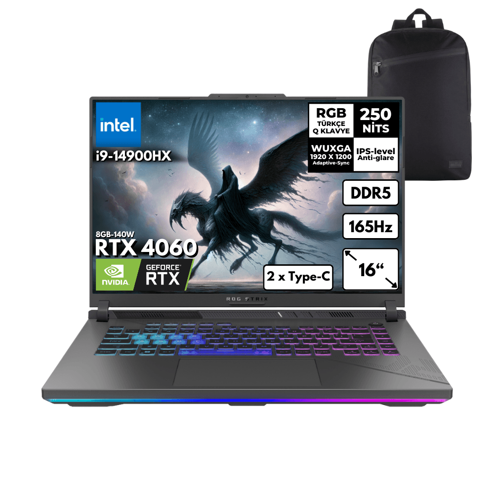 Asus Rog Strix G16 i9-14900HX 32-GBDDR5 2 TBSSD RTX4060 (8GB-140W) 16" WUXGA Windows 11 Home + HMF Sırt Çantası G614JVR-N3095HMF56