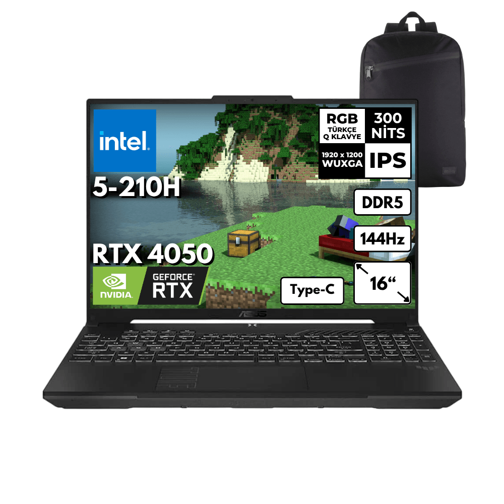 ASUS TUF F16 Ultra 5-210H 48 -GBDDR5 2 TBSSD RTX4050 (6GB-140W) 16" WUXGA 144Hz Freedos + Sırt Çantası FX607VU-RL146HMF13