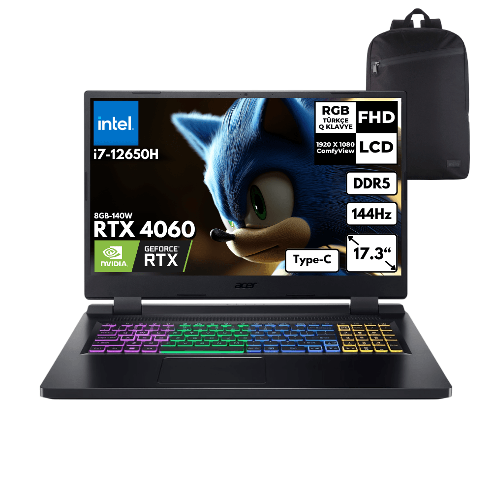 Acer Nitro 5 AN517-55-79B5 i7-12650H 16-GBDDR5 1 TBSSD RTX4060 (8GB-140W) 17.3" FHD Freedos + HMF Sırt Çantası NH.QLFEY.004HMF1