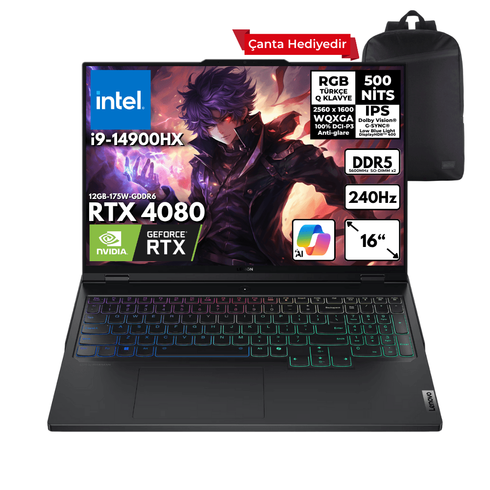 Lenovo Legion Pro 7 i9-14900HX 48-GBDDR5 1 TBSSD RTX4080 (12GB-175W-GDDR6) 16" 240Hz WQXGA Windows 11 Home + HMF Sırt Çantası 83DE0086TRHMF27