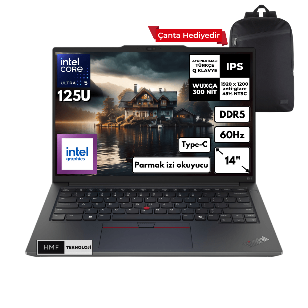 Lenovo ThinkPad E14 G6 Ultra 5-125U 32-GBDDR5 512 GB SSD Intel Graphics 14" WUXGA Windows 11 Home Notebook + HMF Sırt Çantası 21M7002PTXHMFC68