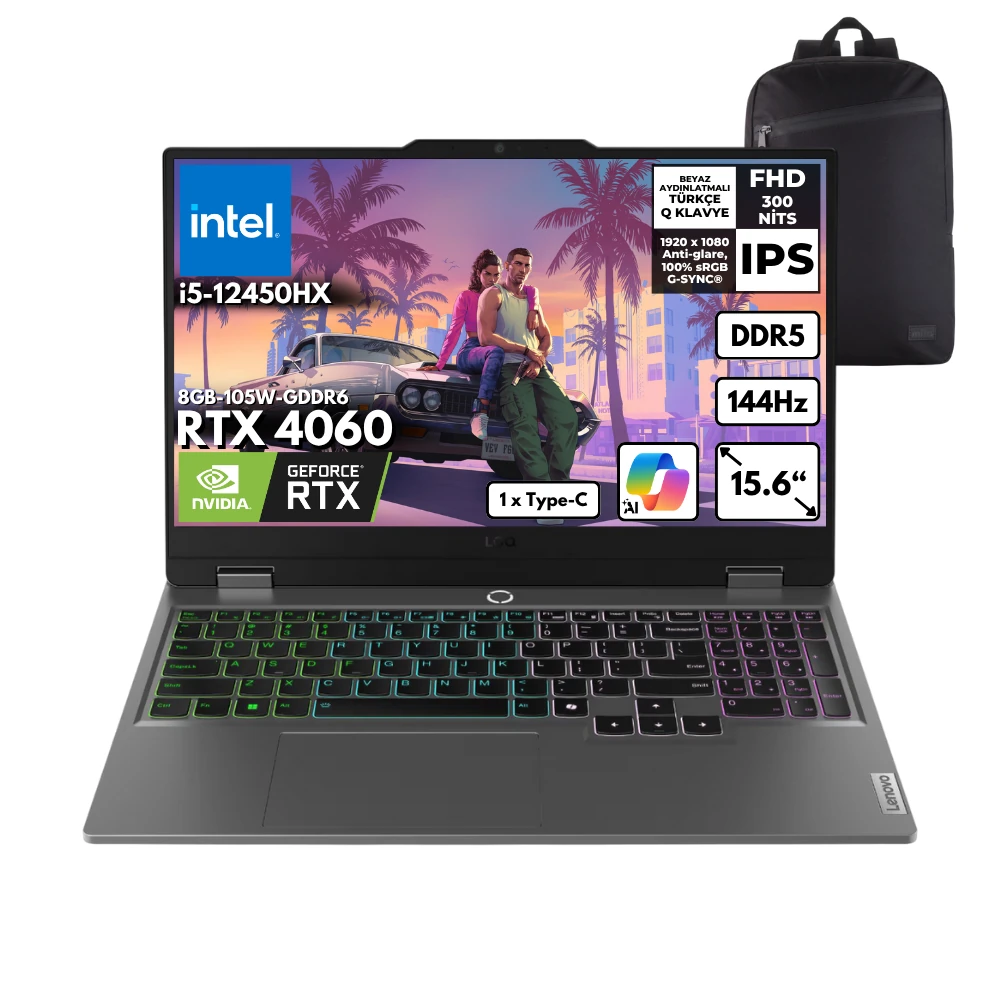Lenovo LOQ i5-12450HX 48 -GBDDR5 4 TBSSD RTX4060 (8GB-105W) 15.6" FHD Windows 10 Pro + HMF Sırt Çantası 83GS00PHTRHMF82