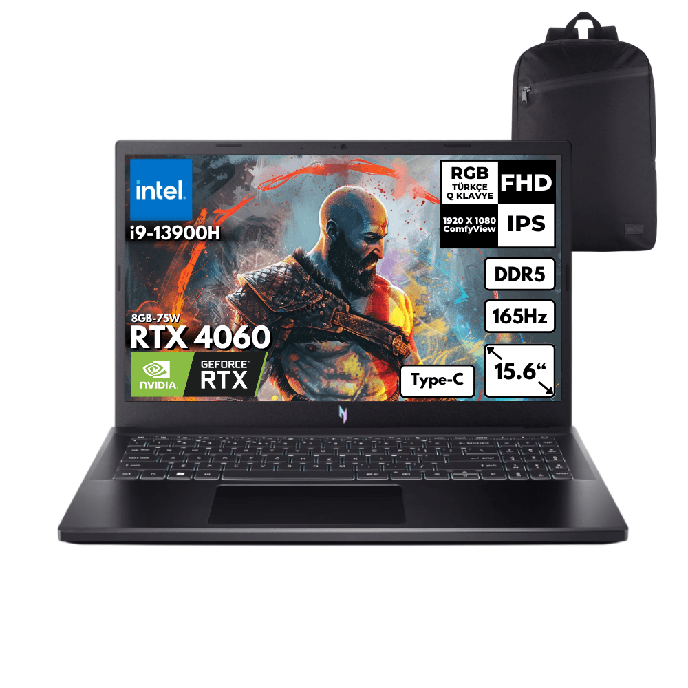 Acer Nitro ANV15-51 I9-13900H 64-GBDDR5 2 TBSSD RTX 4060 (8GB-75W) 15.6" FHD 165Hz Windows 10 Pro + HMF Sırt Çantası NH.QQEEY.007HMF53