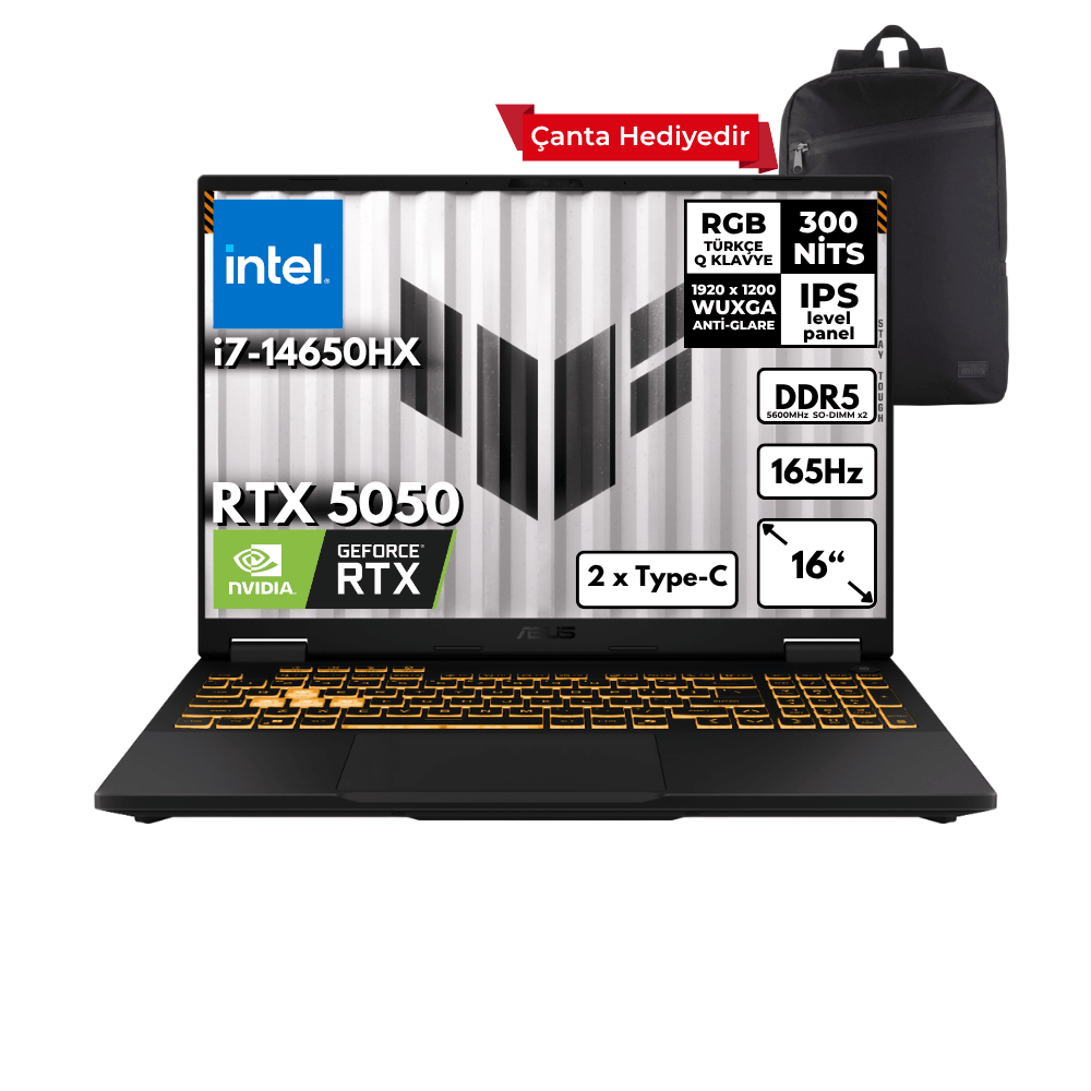 ASUS TUF Gaming F16 i7-14650HX 48-GBDDR5 2 TBSSD RTX5050 (8GB-GDDR7-115W) 16" WUXGA 165Hz Windows 11 Pro + Sırt Çantası FX608JHR-RV048HMF20