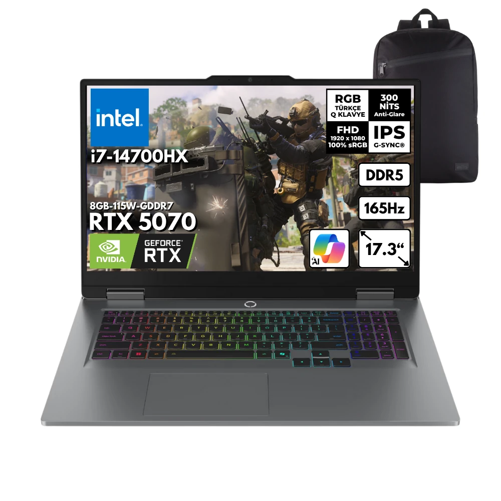Lenovo LOQ i7-14700HX 64-GBDDR5 2 TBSSD RTX5070 (8GB-115W-GDDR7) 17.3" FHD 165Hz Freedos + HMF Sırt Çantası 83JH006HTRHMF7