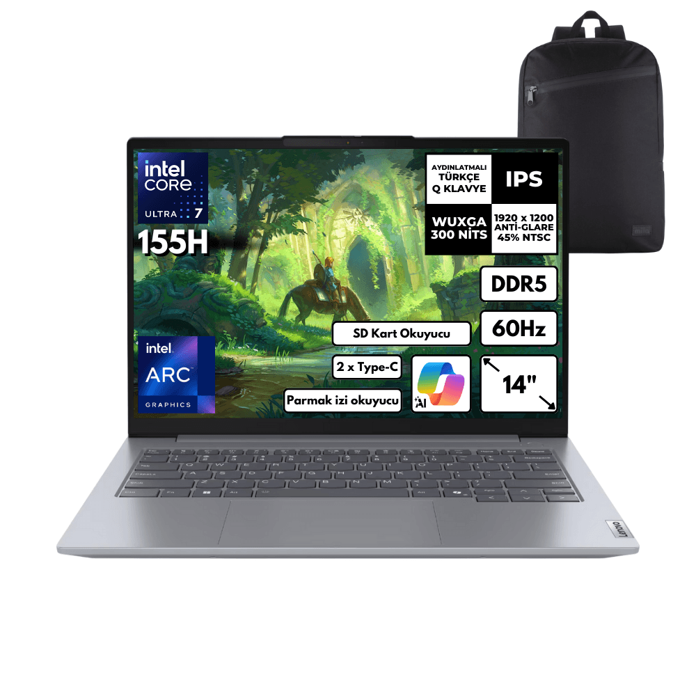Lenovo Thinkbook 14 G7 Ultra 7-155H 16-GBDDR5 2 TBSSD Intel Arc Graphics 14" WUXGA Windows 11 Home + HMF Sırt Çantası 21MR0050TRHMF55